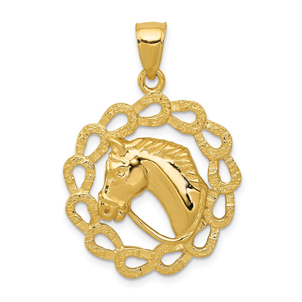 14K Gold Horse Head in Horseshoes Necklace Pendant - Charlie & Co. Jewelry