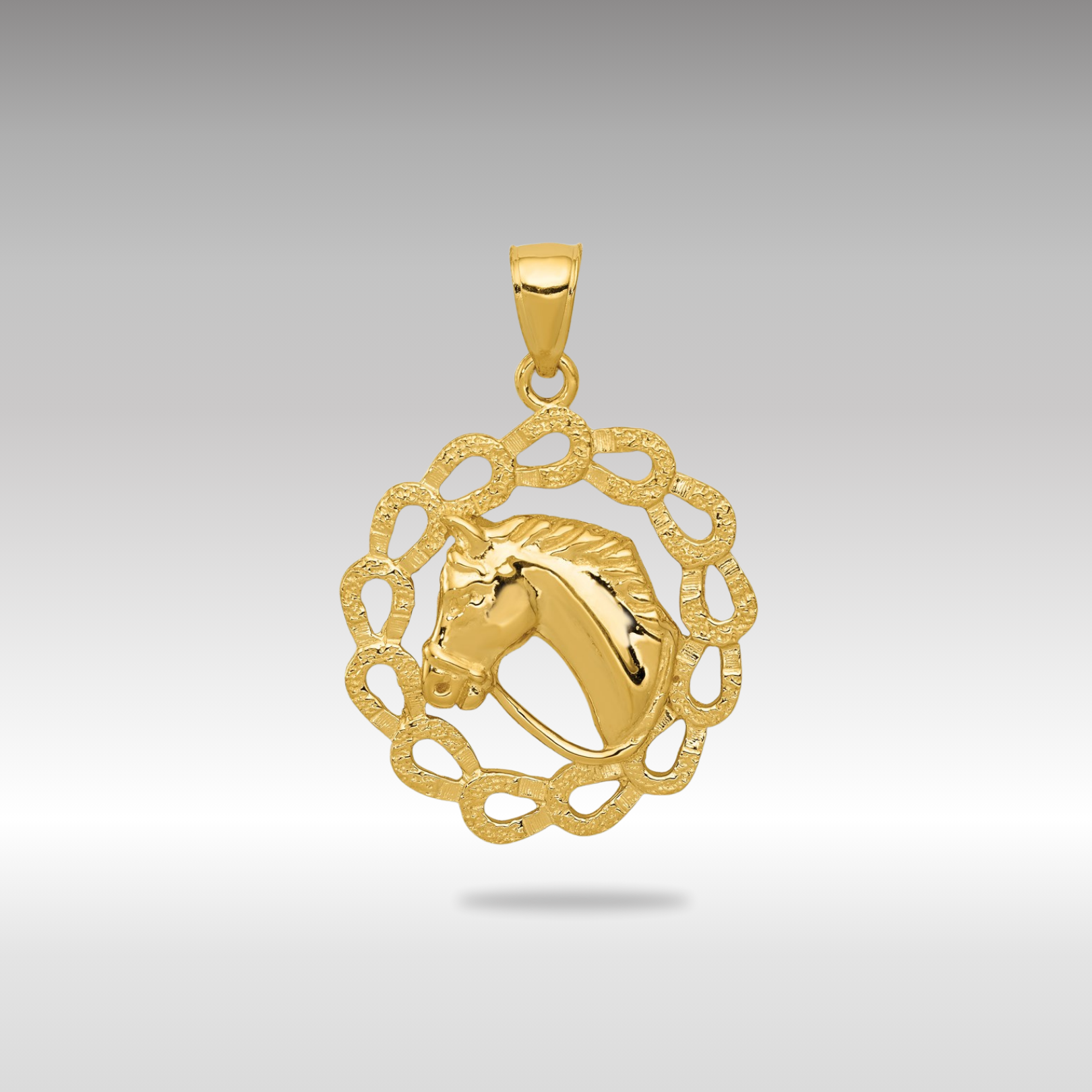 Gold Horse Head in Horseshoes Necklace Pendant - Charlie & Co. Jewelry