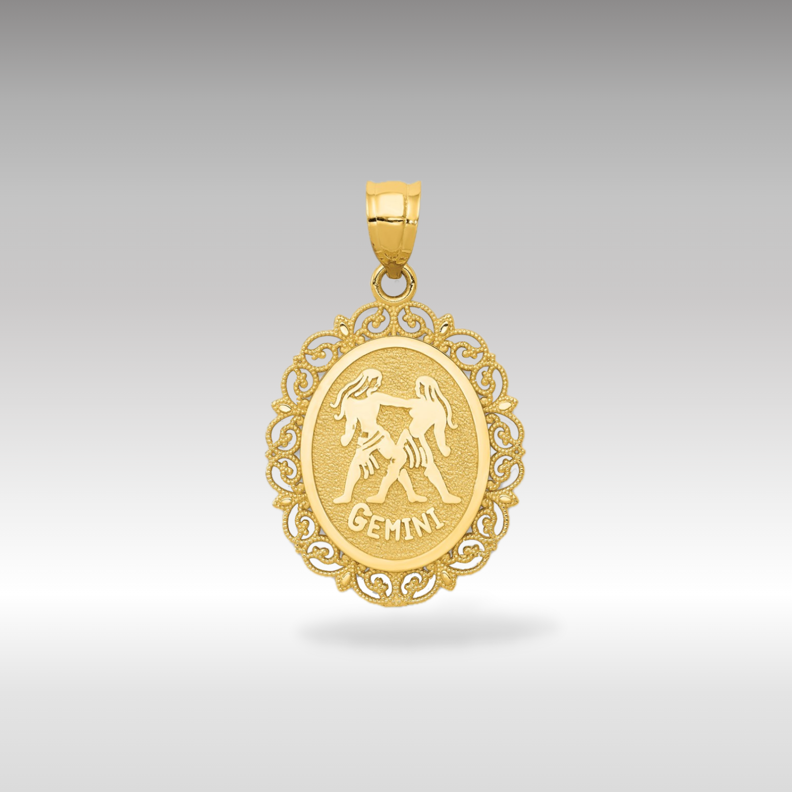 14K Gold Satin Polished Gemini Zodiac Oval Pendant - Charlie & Co. Jewelry