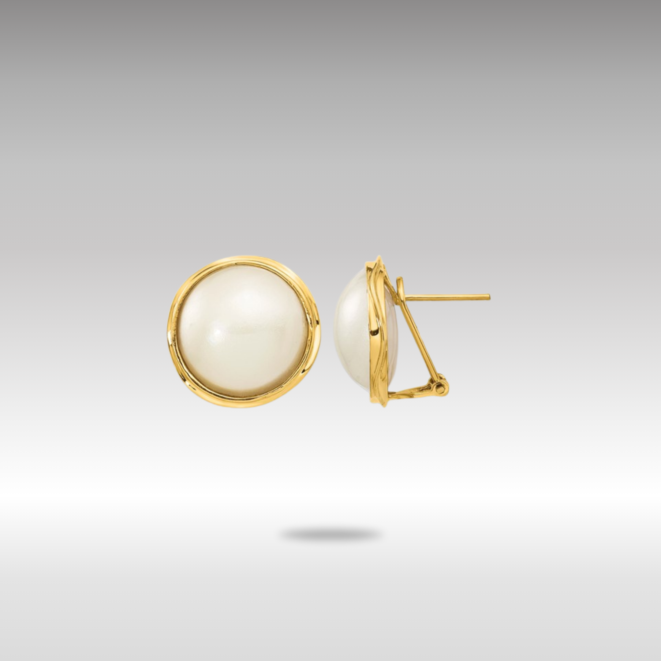 14K Gold 14-15mm White Freshwater Cultured Mabe Pearl Omega Back Earrings - Model XMP70