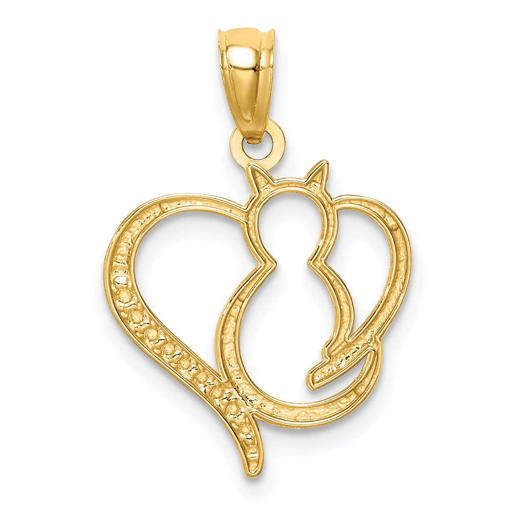 14K Yellow Gold & White Rhodium Cat in Heart Necklace Pendant - Charlie & Co. Jewelry