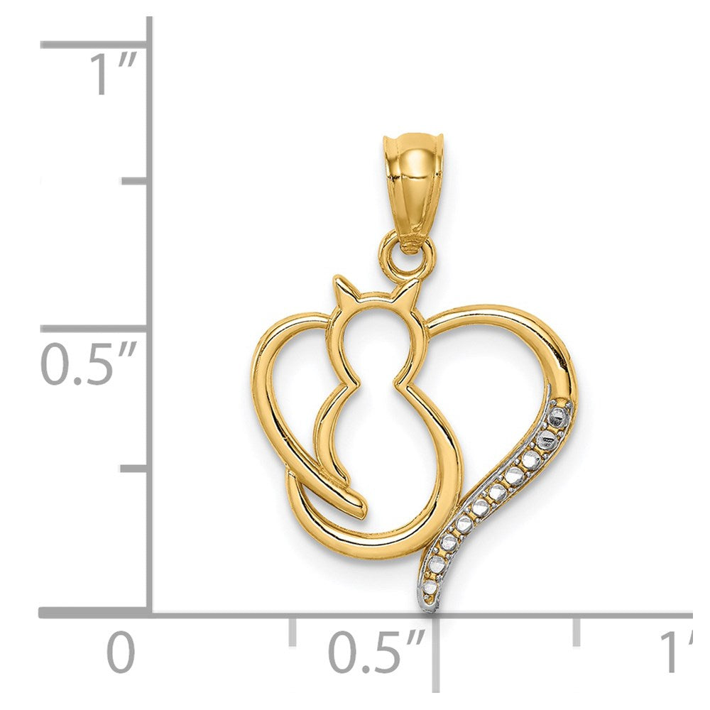 14K Yellow Gold & White Rhodium Cat in Heart Necklace Pendant - Charlie & Co. Jewelry