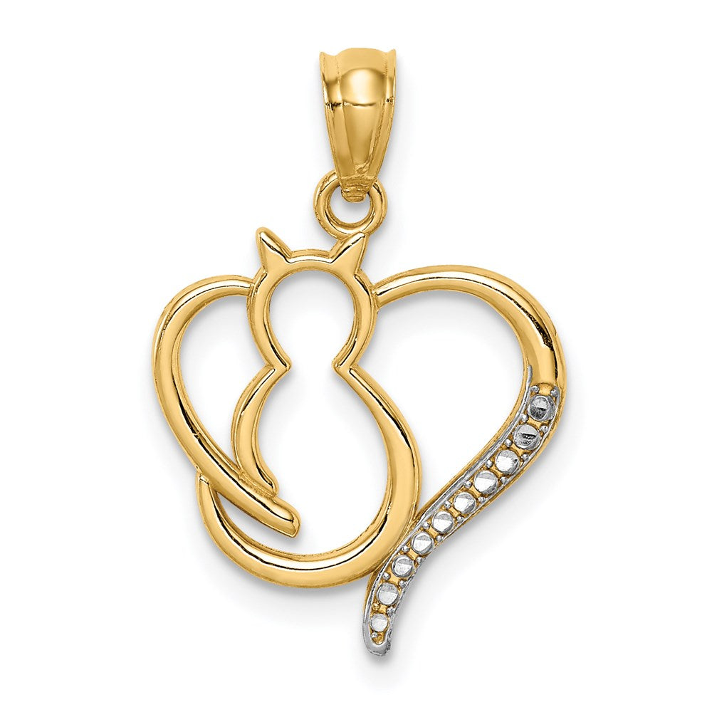 14K Yellow Gold & White Rhodium Cat in Heart Necklace Pendant - Charlie & Co. Jewelry