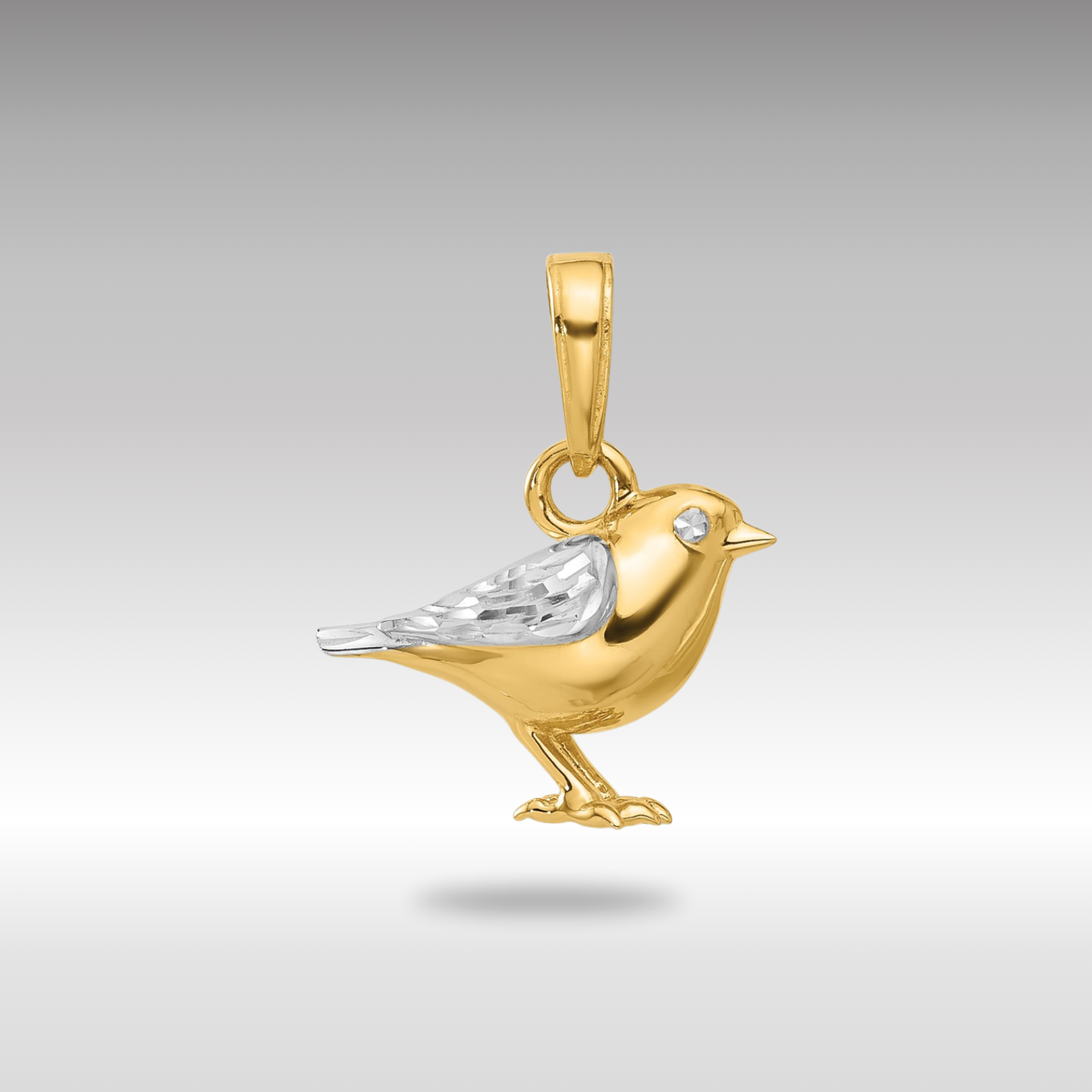 Yellow and White Gold Diamond Cut 3D Bird Pendant Necklace - Model C4898 - Charlie & Co. Jewelry