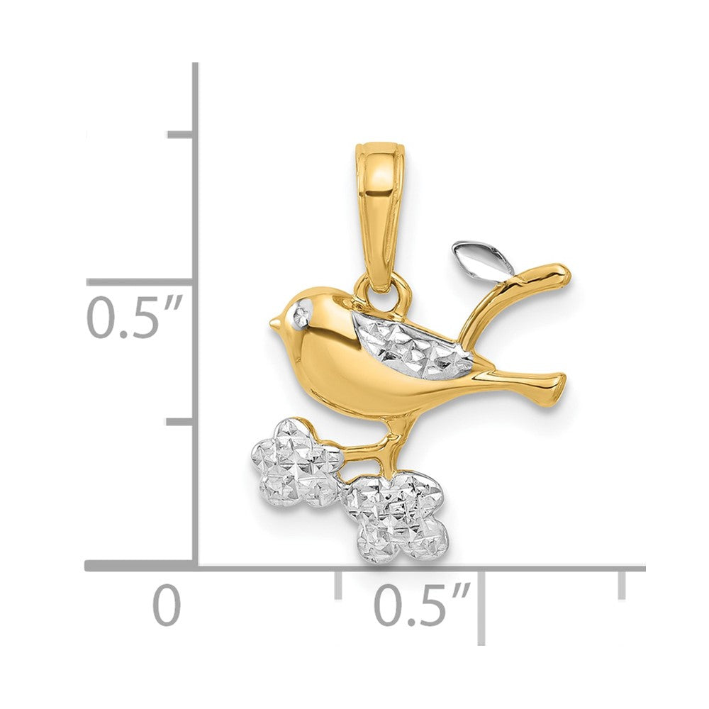 Yellow and White Gold Diamond Cut Bird on Branch Pendant - Model C4899 - Charlie & Co. Jewelry