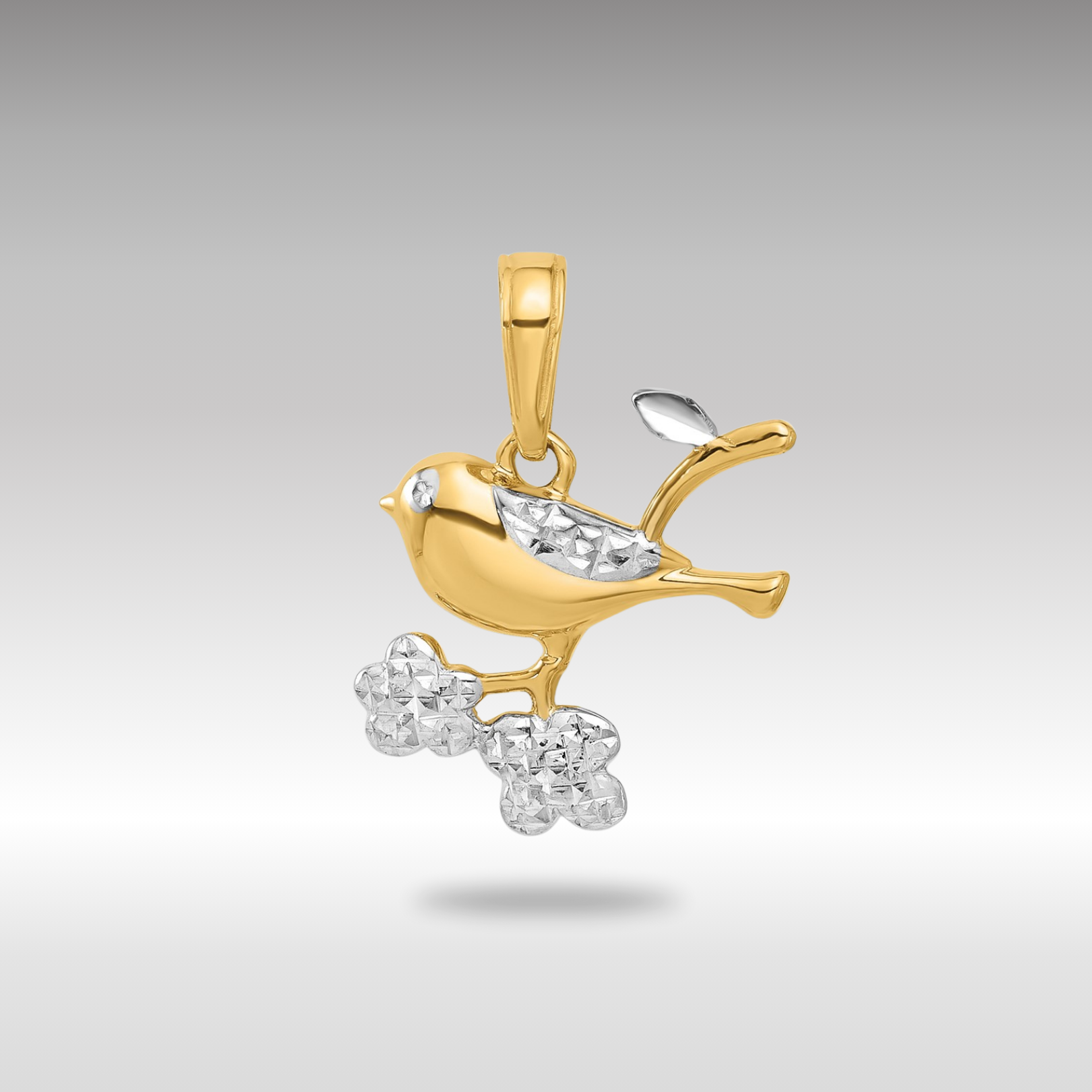 Yellow and White Gold Diamond Cut Bird on Branch Pendant - Model C4899 - Charlie & Co. Jewelry