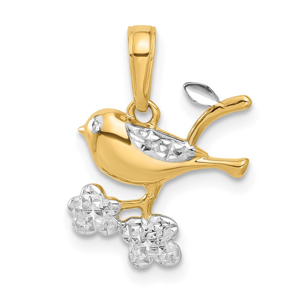 Yellow and White Gold Diamond Cut Bird on Branch Pendant - Model C4899 - Charlie & Co. Jewelry