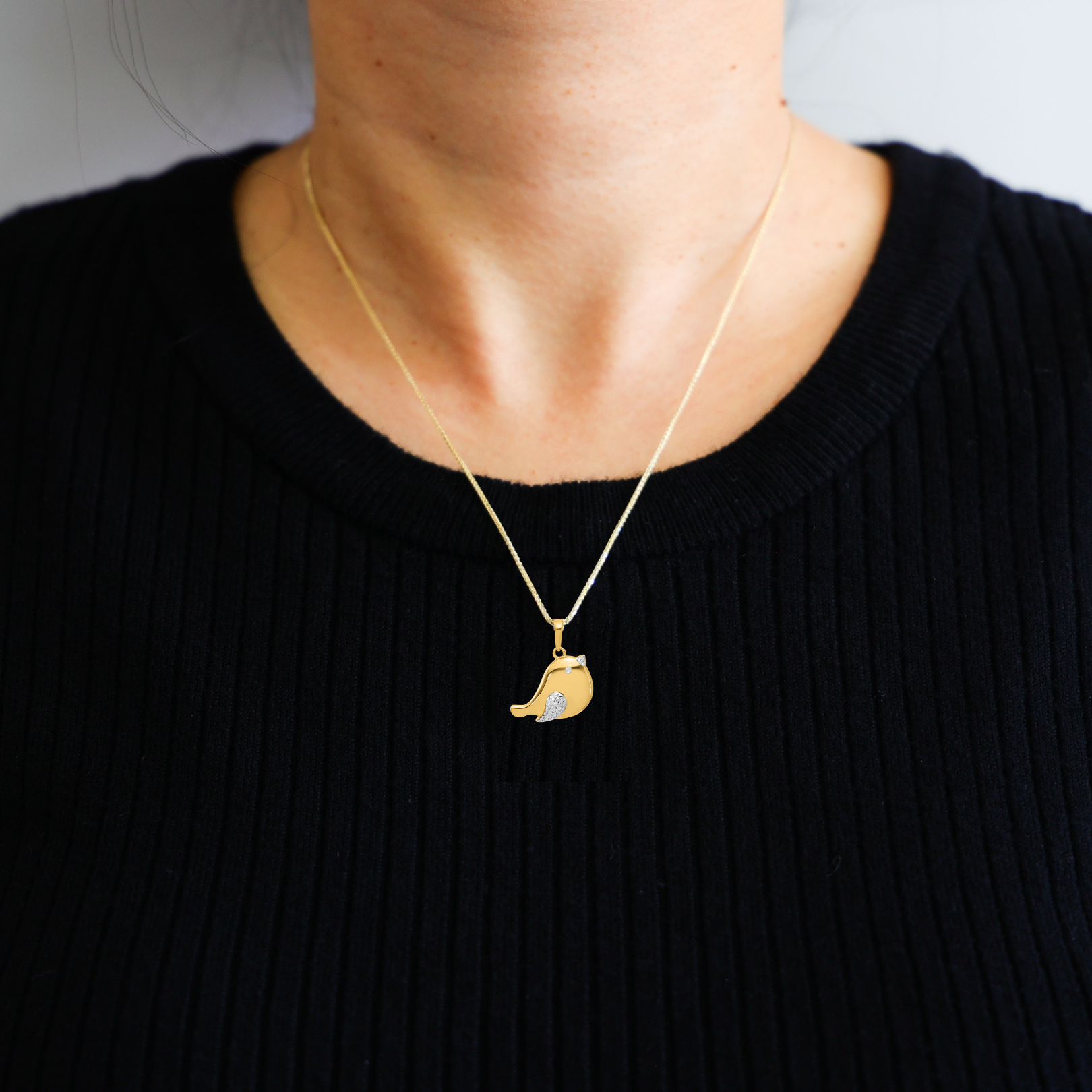 Yellow and White Gold Diamond Cut Bird Pendant Necklace - Model C4900 - Charlie & Co. Jewelry