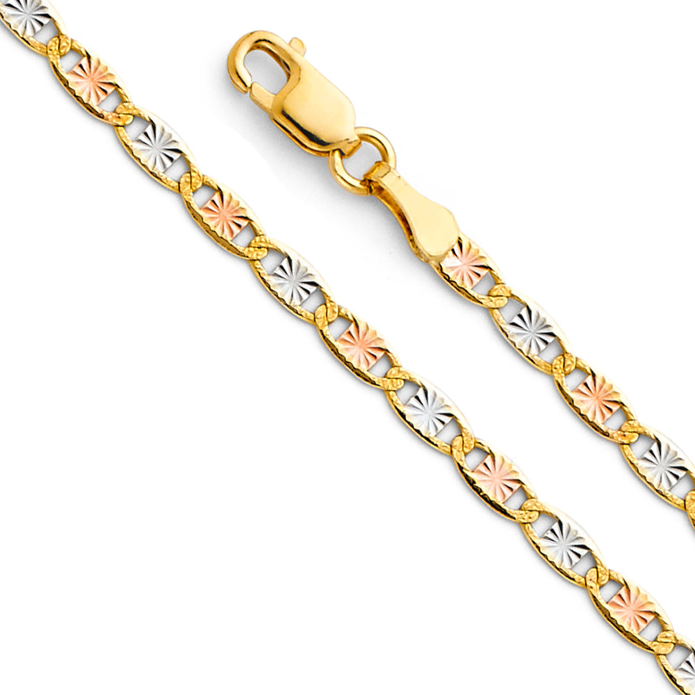 14k Gold 2.6mm Three-Tone Valentino Star Diamond-Cut 7 Inch Bracelet - Model CH-0377