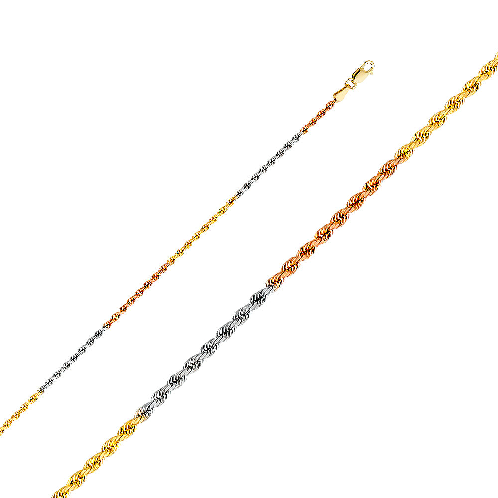 14k Gold 1.9mm Three-Tone Solid Diamond-Cut Rope Chain - Model CH-0391