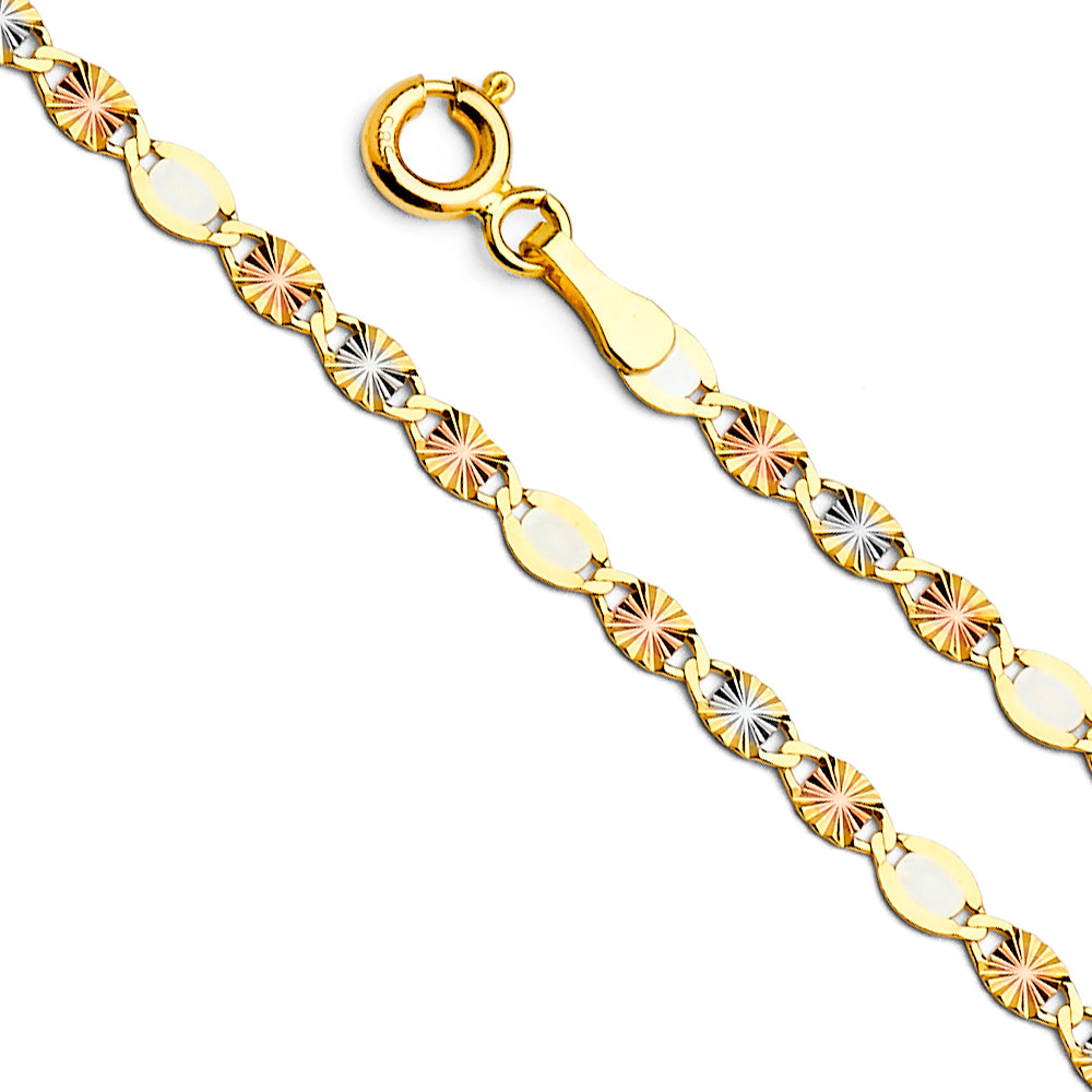 14k Gold 3mm Three-Tone Flat Valentino Alt-star Diamond-Cut Chain - Model CH-0514