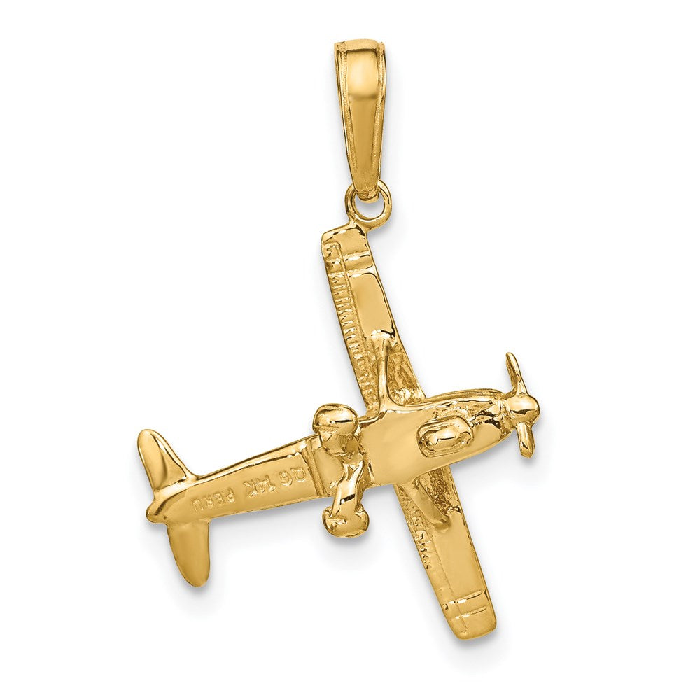 14k Gold 3D High-Wing Airplane Pendant - Charlie & Co. Jewelry