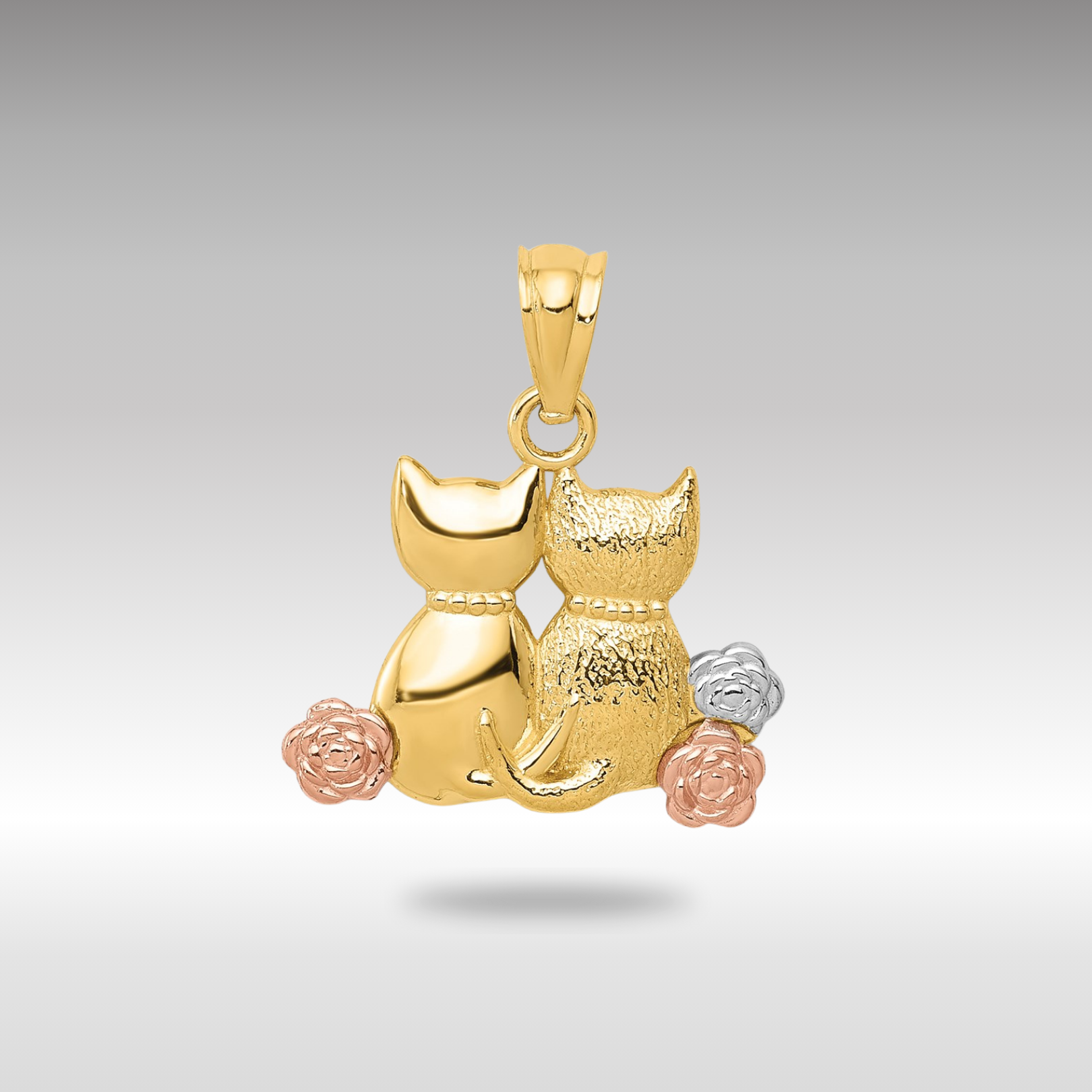 Yellow and Rose Gold 2 Cats Necklace Pendant with White Rhodium Accents - Charlie & Co. Jewelry