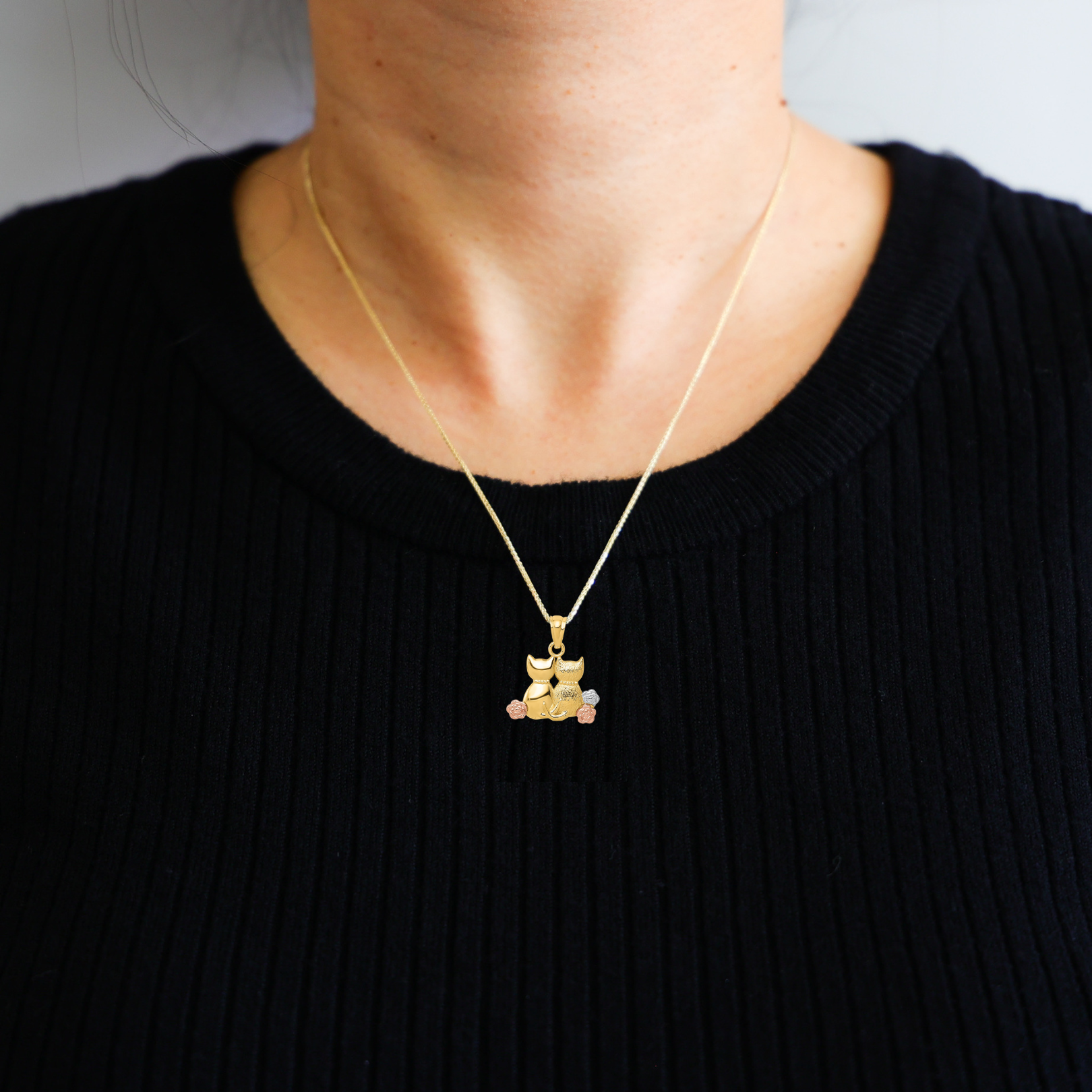Yellow and Rose Gold 2 Cats Necklace Pendant with White Rhodium Accents - Charlie & Co. Jewelry