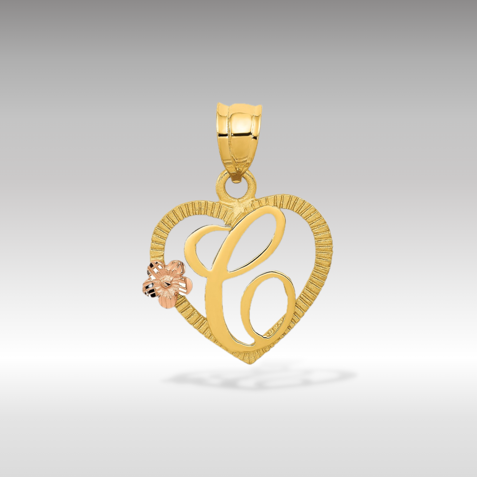 14K Gold Script Letter 'C' Heart Charm with Floral Accent - Charlie & Co. Jewelry