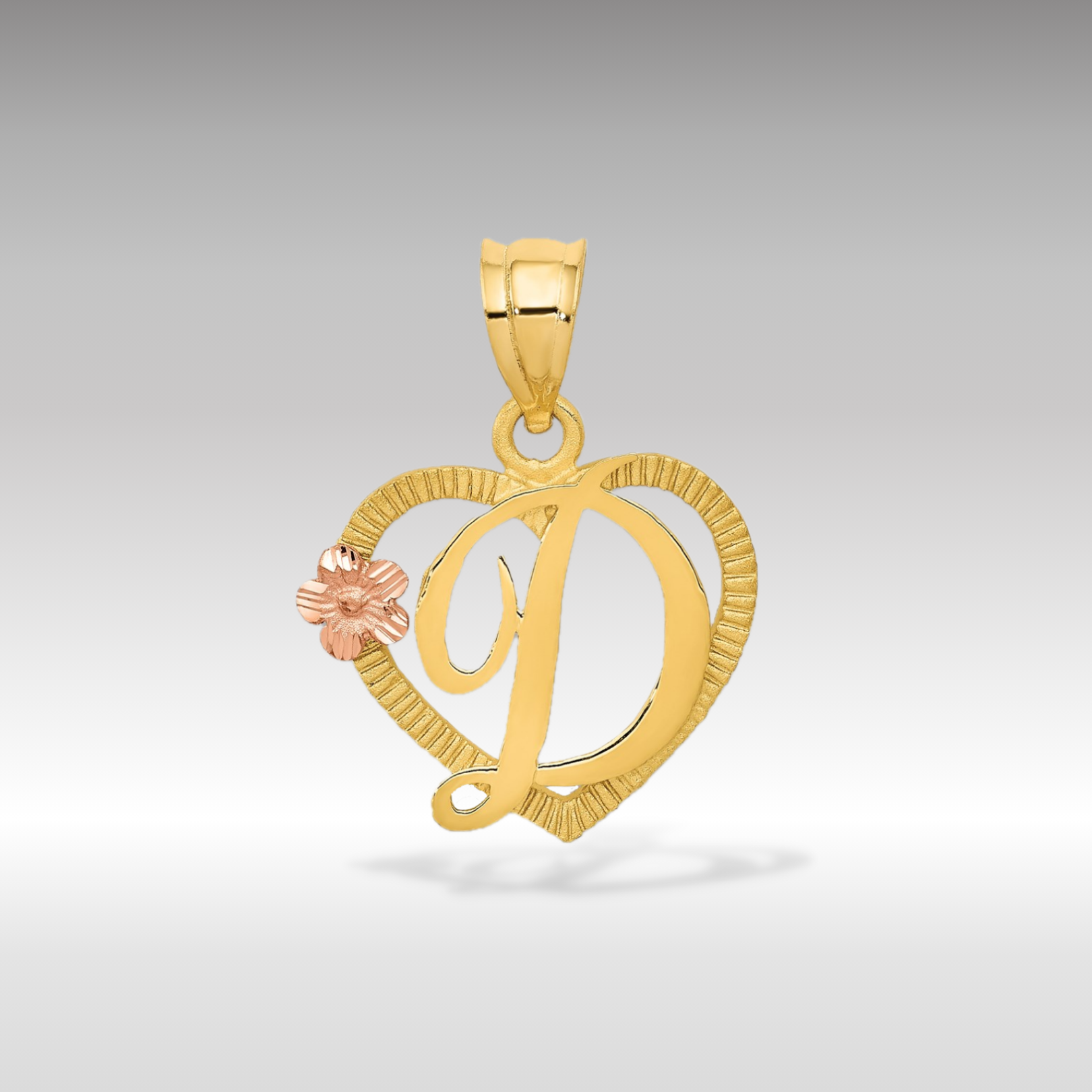14K Gold Script Letter 'D' Heart Charm with Floral Accent - Charlie & Co. Jewelry