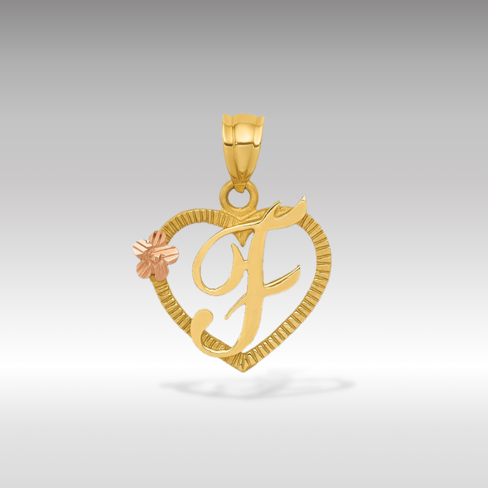14K Gold Script Letter 'F' Heart Charm with Floral Accent - Charlie & Co. Jewelry