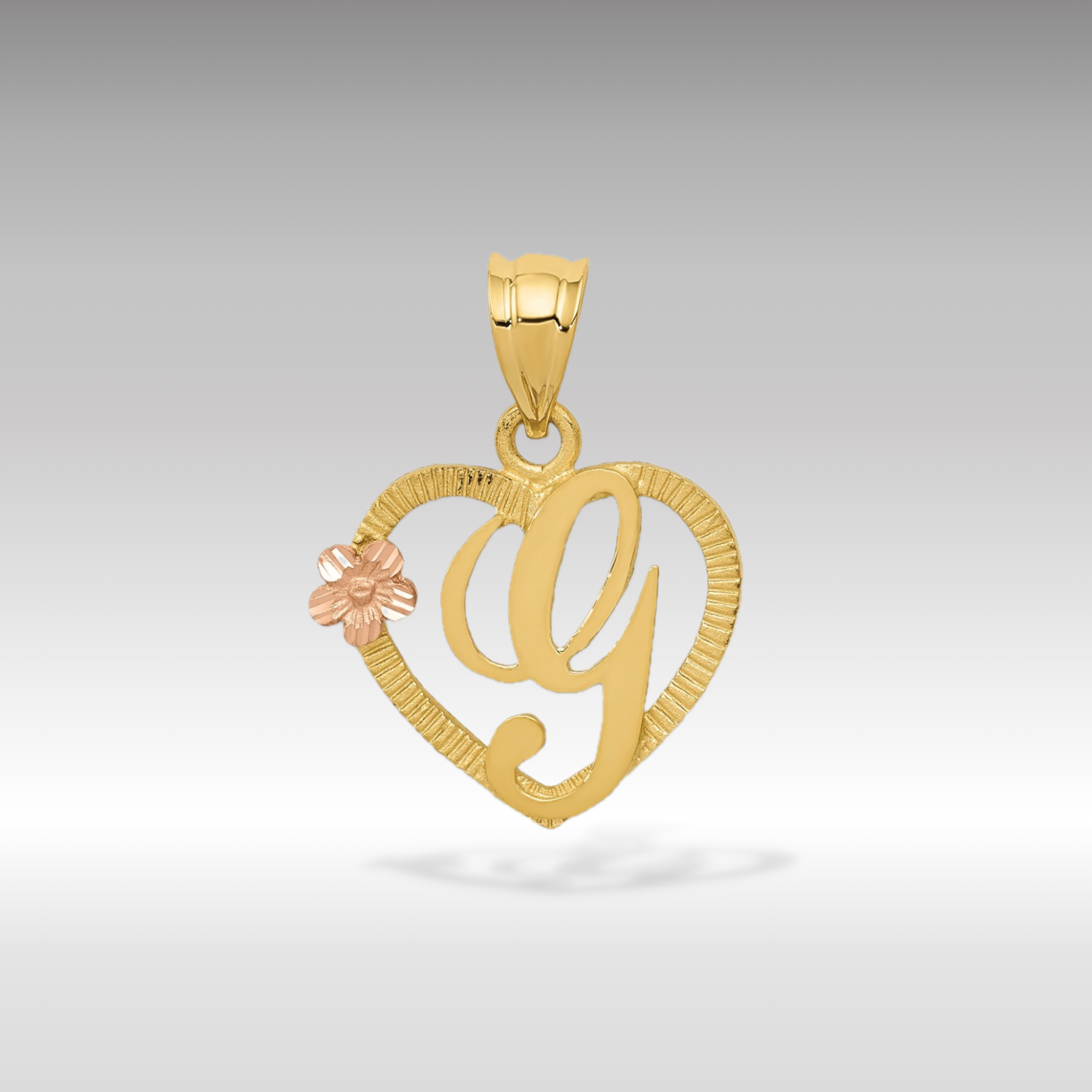 14K Gold Script Letter 'G' Heart Charm with Floral Accent - Charlie & Co. Jewelry