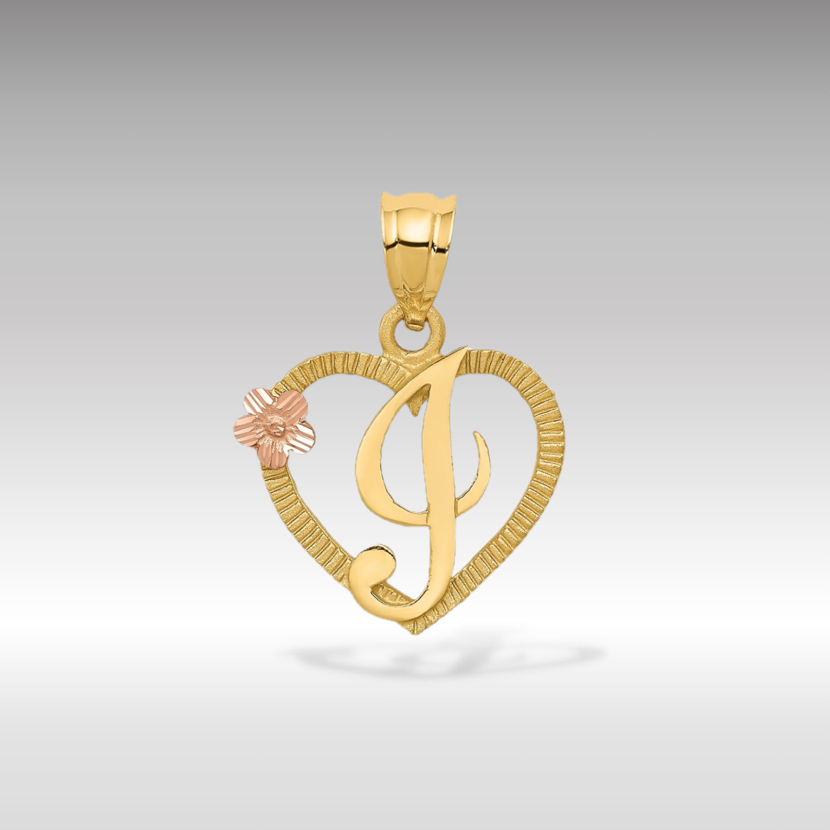 14K Gold Script Letter 'I' Heart Charm with Floral Accent - Charlie & Co. Jewelry