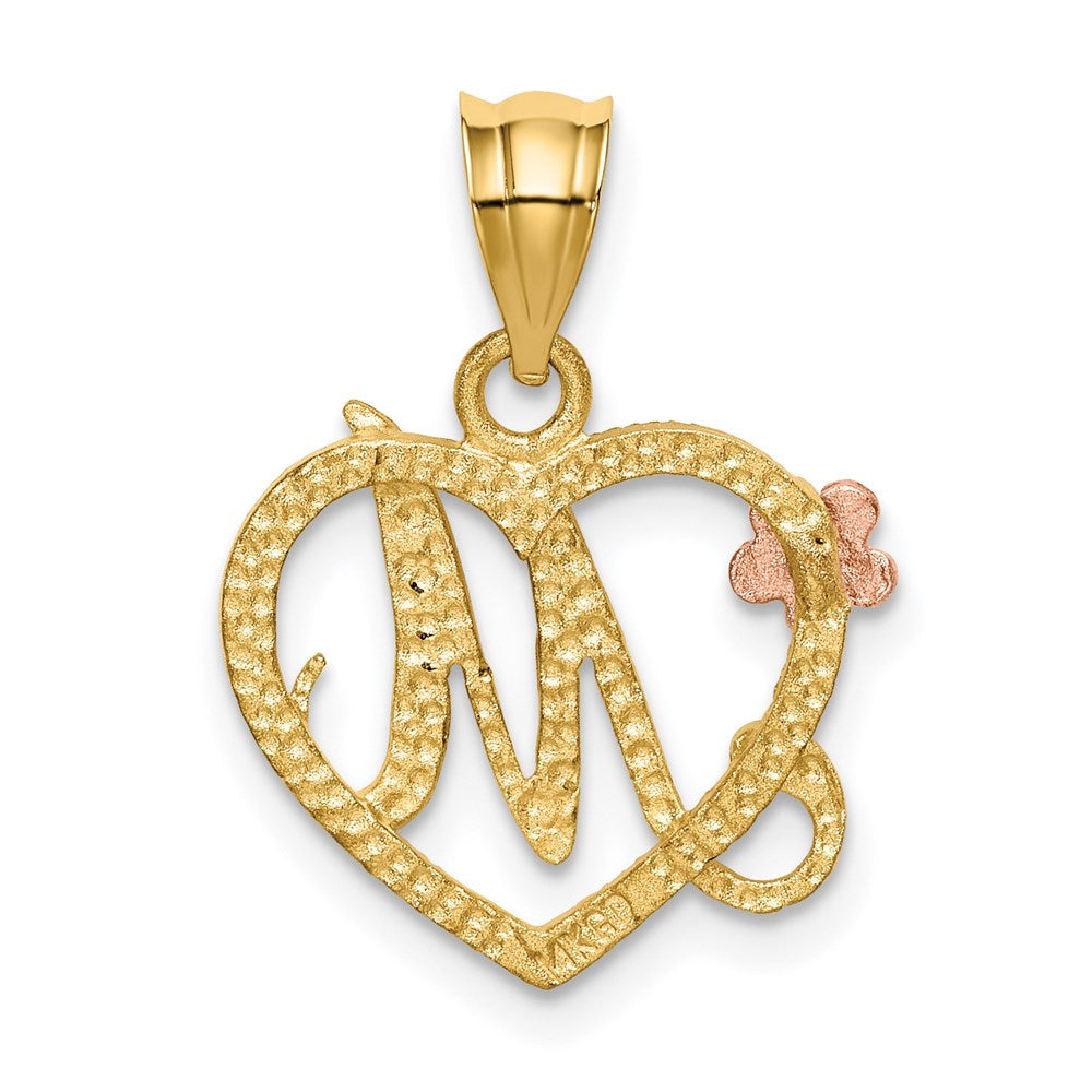 14K Gold Script Letter 'M' Heart Charm with Floral Accent - Charlie & Co. Jewelry