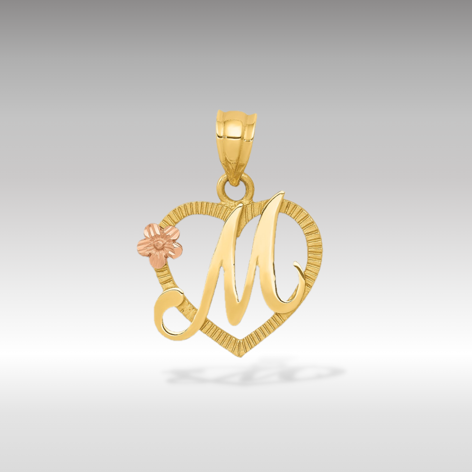 14K Gold Script Letter 'M' Heart Charm with Floral Accent - Charlie & Co. Jewelry