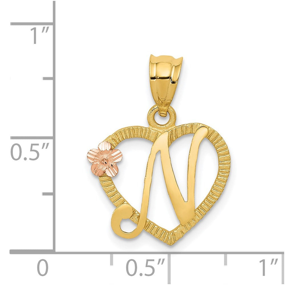 14K Gold Script Letter 'N' Heart Charm with Floral Accent - Charlie & Co. Jewelry