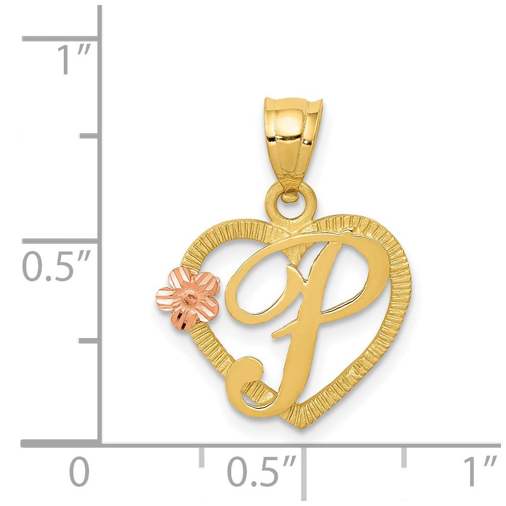 14K Gold Script Letter 'P' Heart Charm with Floral Accent - Charlie & Co. Jewelry