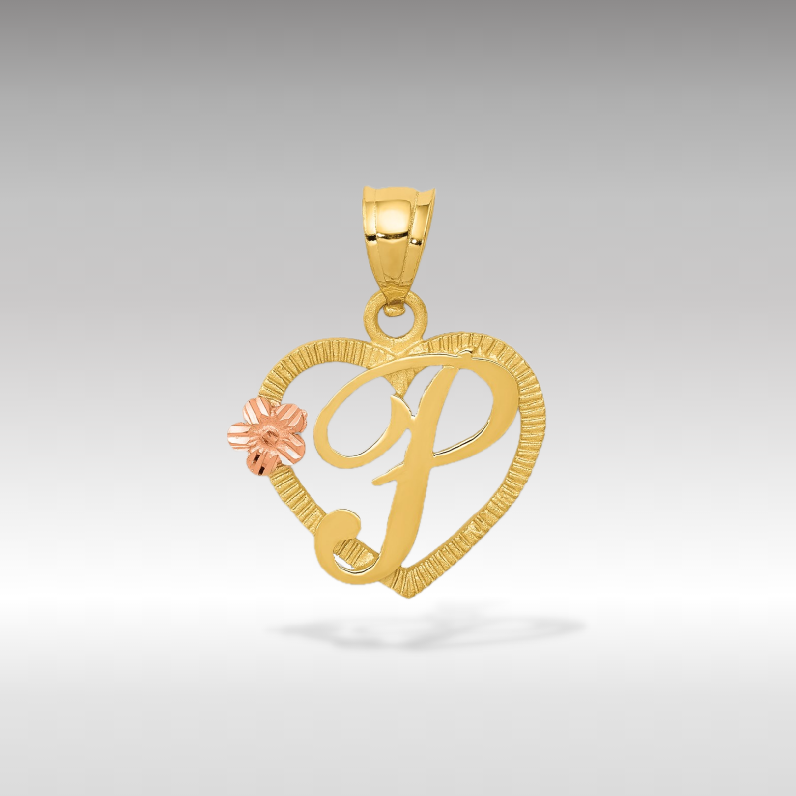 14K Gold Script Letter 'P' Heart Charm with Floral Accent - Charlie & Co. Jewelry