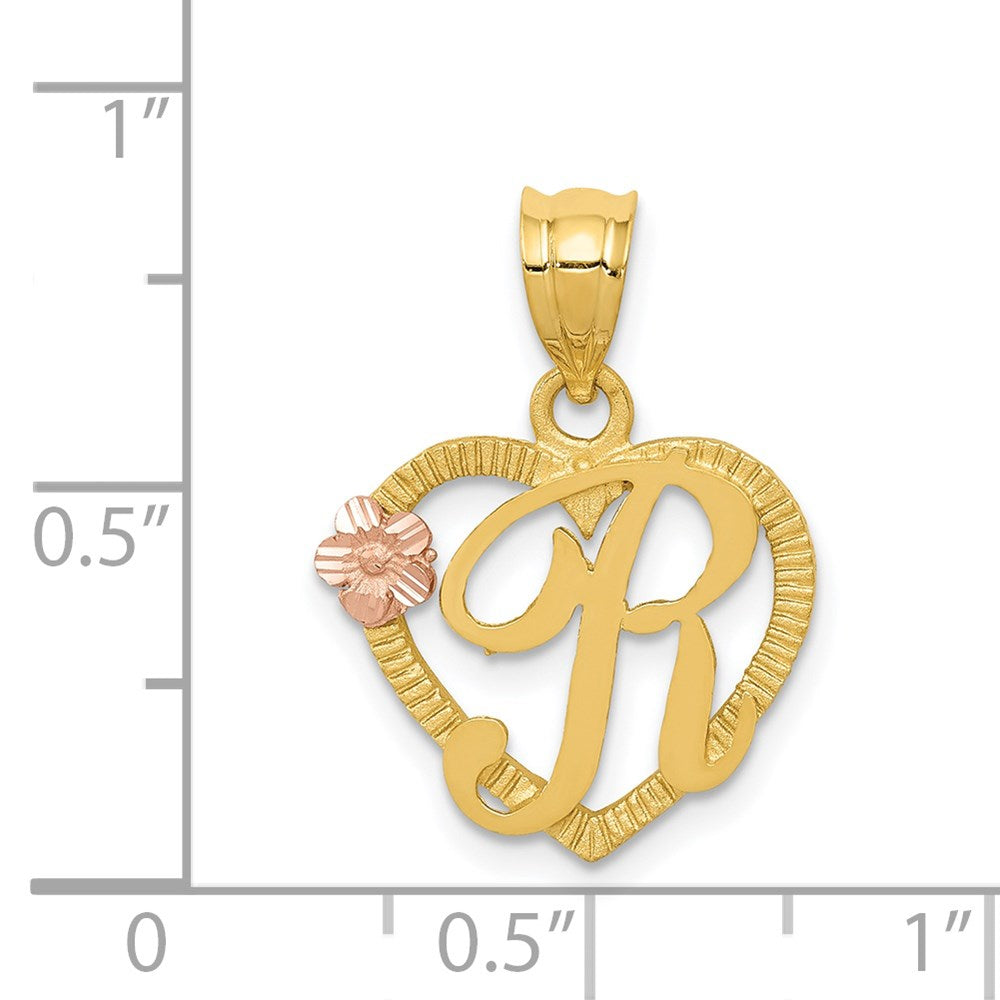 14K Gold Script Letter 'R' Heart Charm with Floral Accent - Charlie & Co. Jewelry