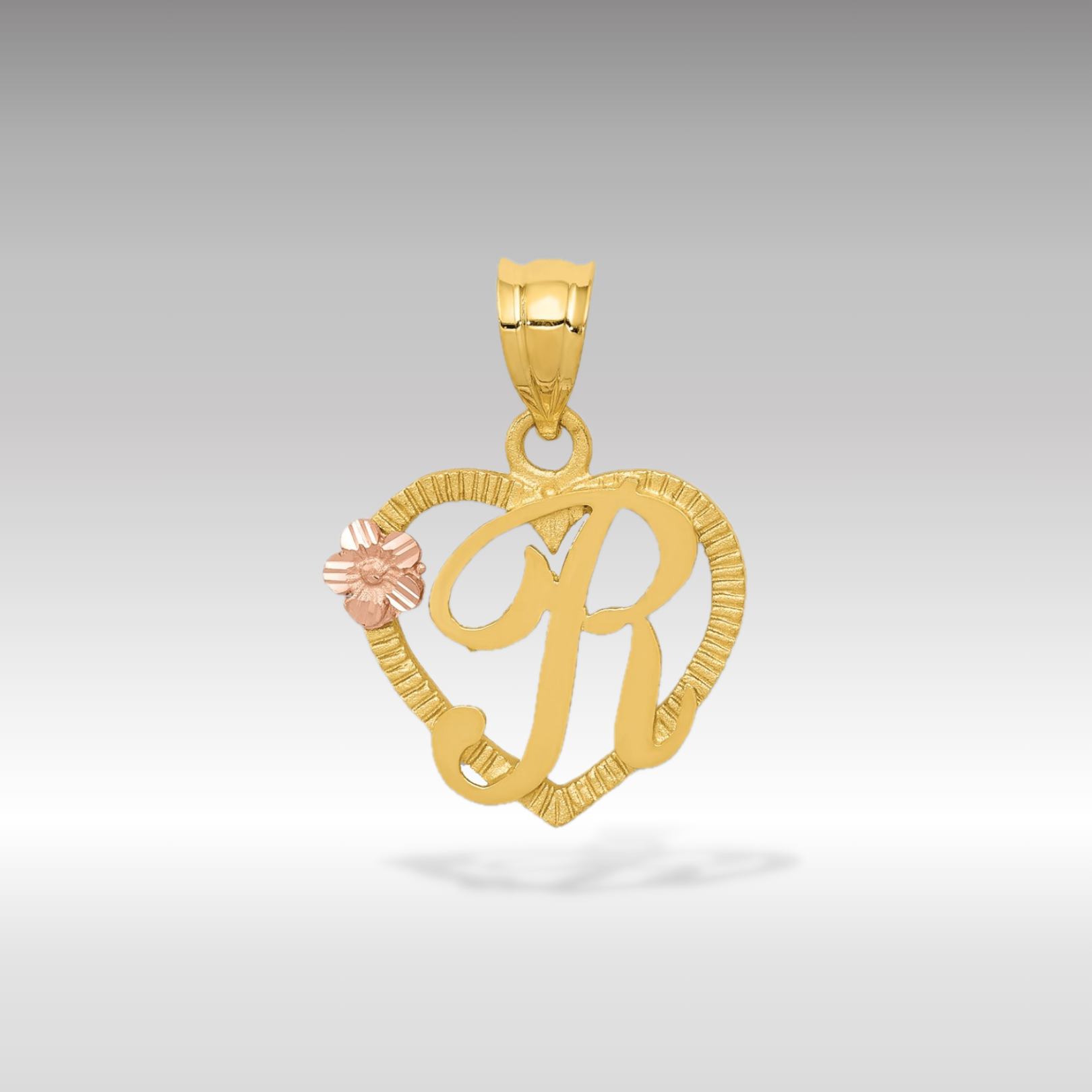 14K Gold Script Letter 'R' Heart Charm with Floral Accent - Charlie & Co. Jewelry