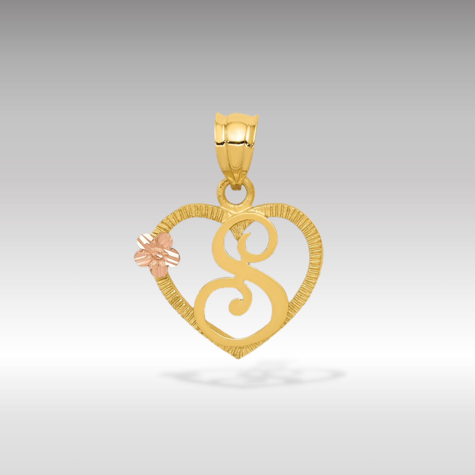 14K Gold Script Letter 'S' Heart Charm with Floral Accent - Charlie & Co. Jewelry