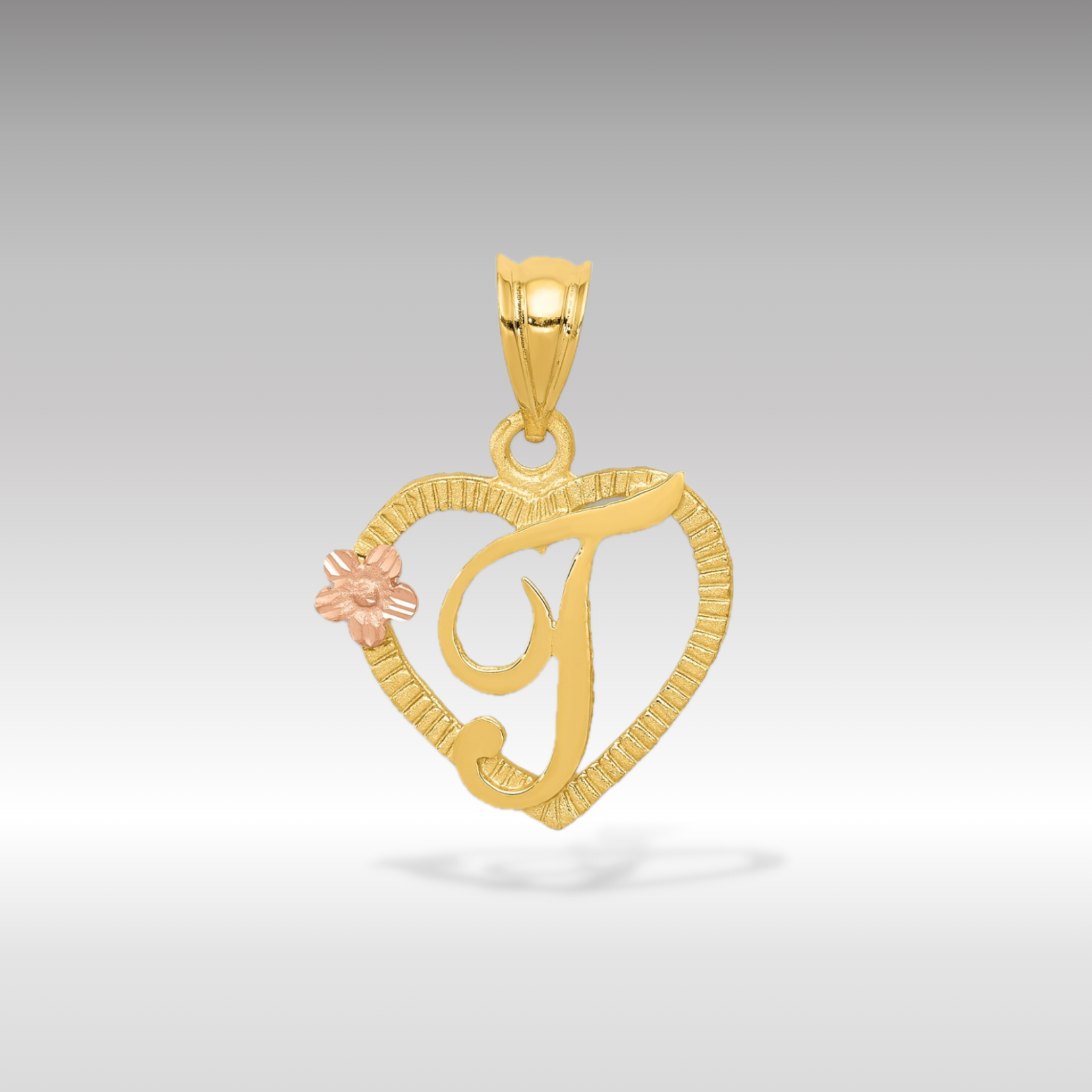 14K Gold Script Letter 'T' Heart Charm with Floral Accent - Charlie & Co. Jewelry