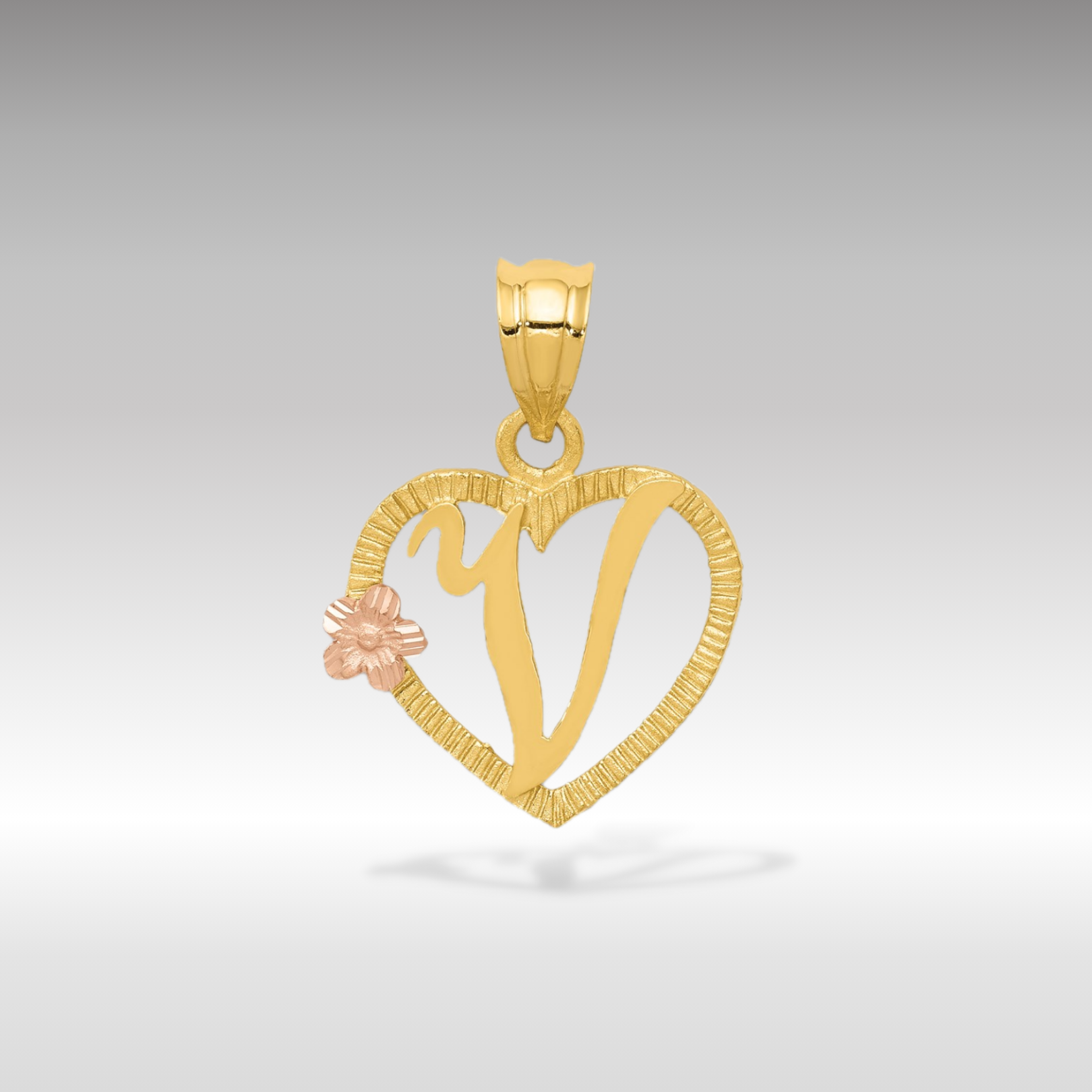 14K Gold Script Letter 'V' Heart Charm with Floral Accent - Charlie & Co. Jewelry