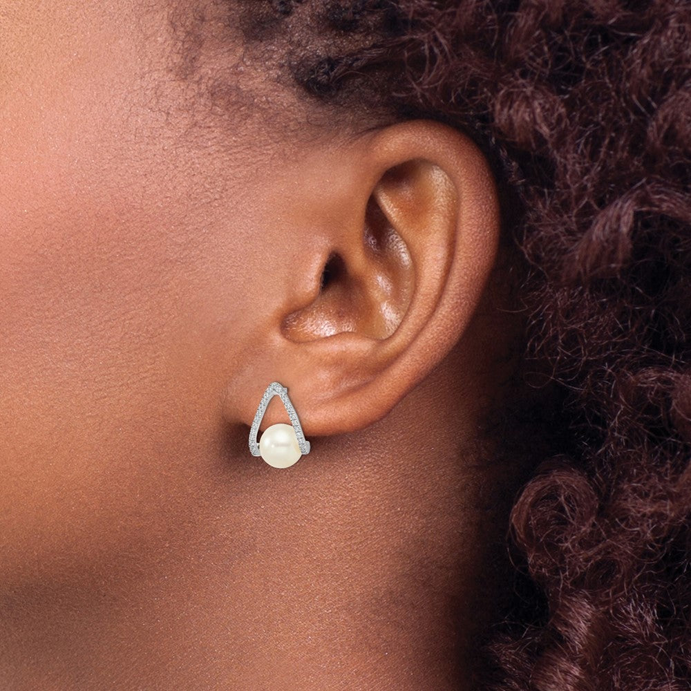 White Gold Polished FWC Pearl Post Earrings - Model EM8099-PL-015-W - Charlie & Co. Jewelry