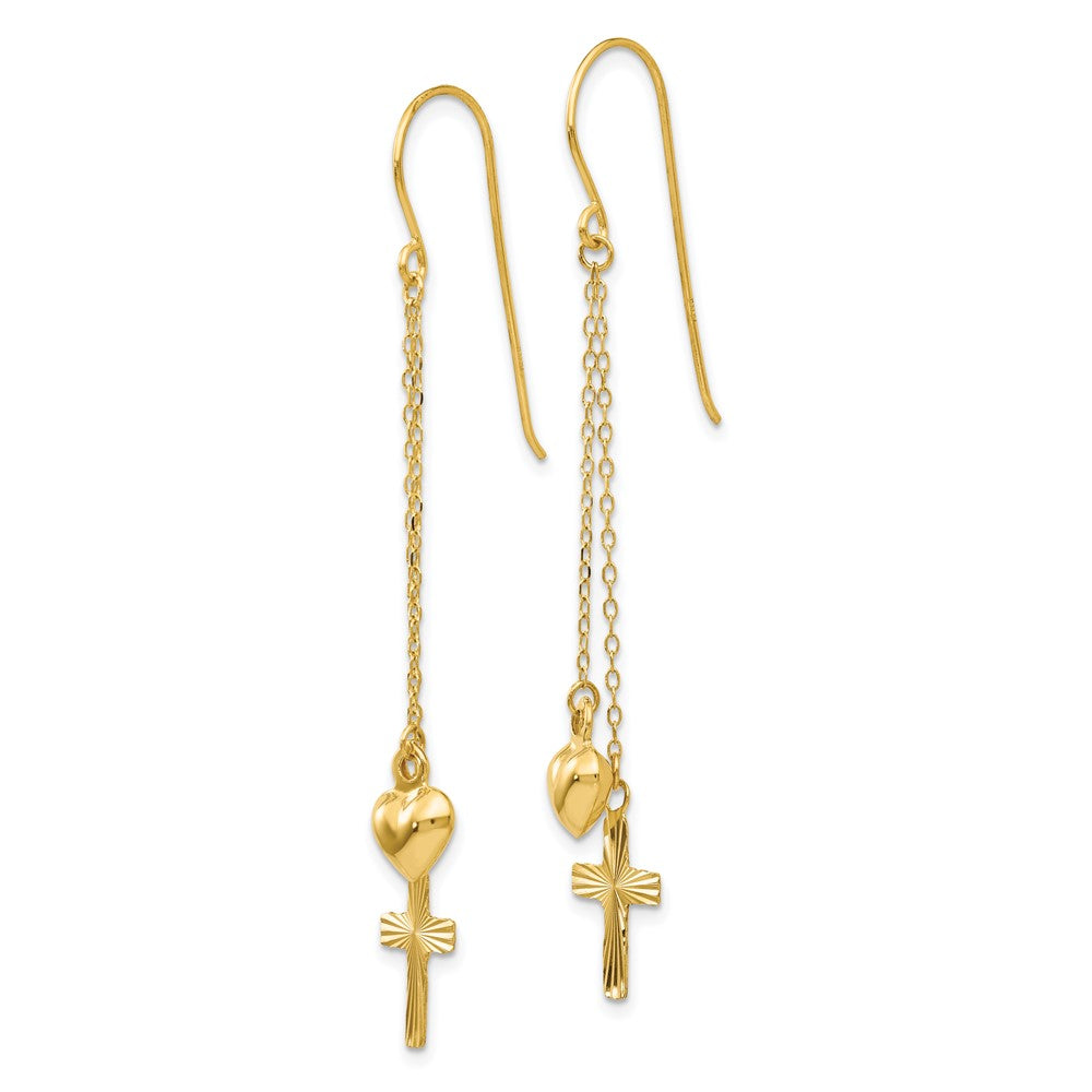 Gold Ropa Chain Puffed Heart and Diamond Cut Cross Dangle Earrings - Model H1088 - Charlie & Co. Jewelry