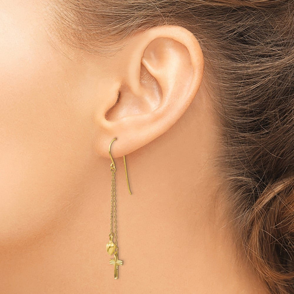 Gold Ropa Chain Puffed Heart and Diamond Cut Cross Dangle Earrings - Model H1088 - Charlie & Co. Jewelry