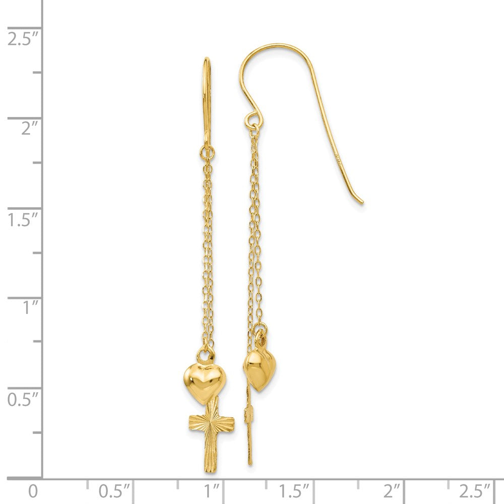 Gold Ropa Chain Puffed Heart and Diamond Cut Cross Dangle Earrings - Model H1088 - Charlie & Co. Jewelry
