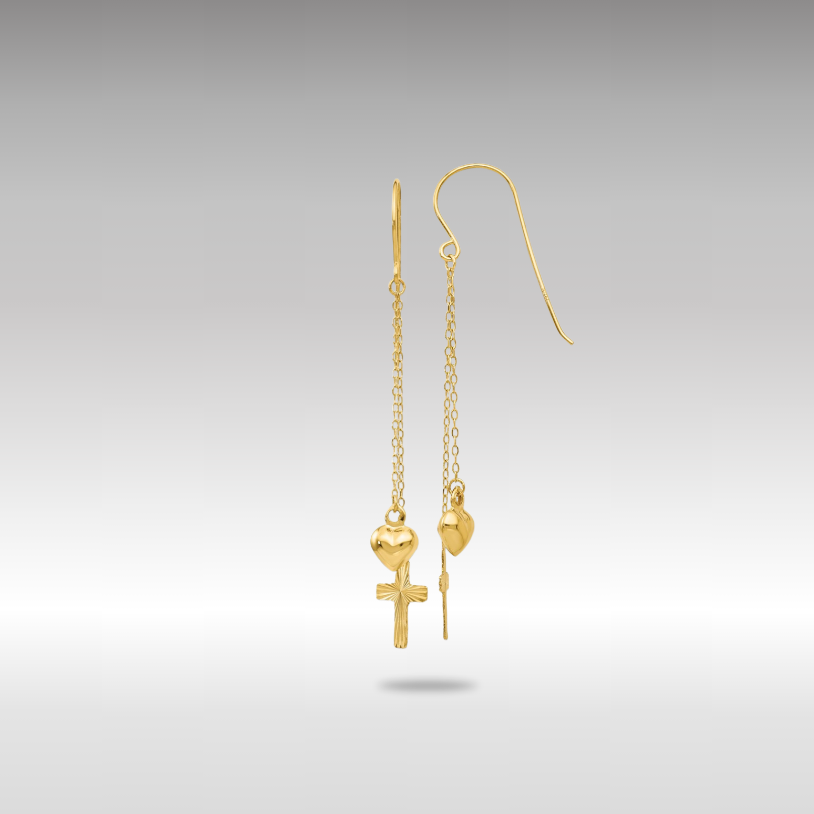 Gold Ropa Chain Puffed Heart and Diamond Cut Cross Dangle Earrings - Model H1088 - Charlie & Co. Jewelry