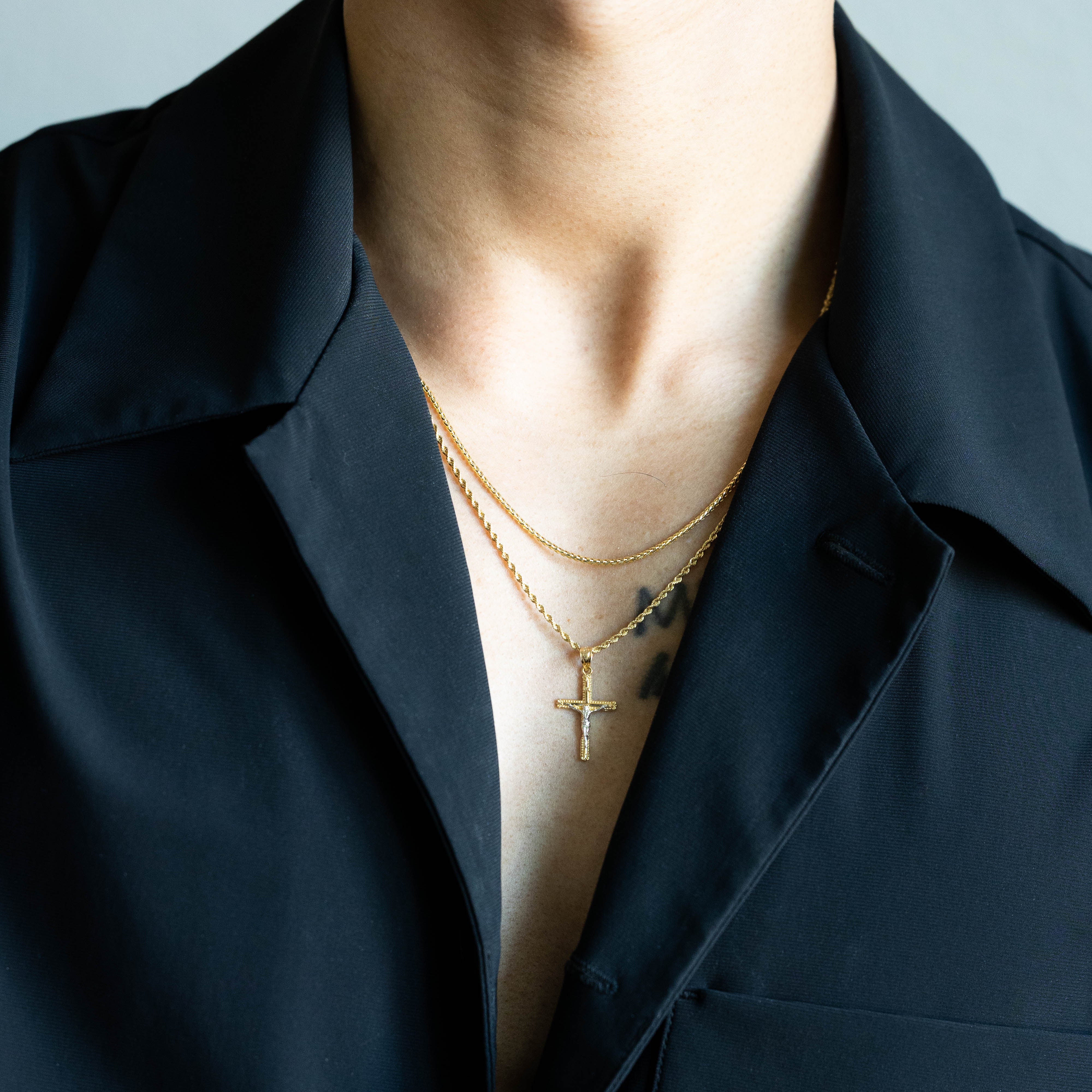 14K Gold 2 Tones Jesus Crucifix Cross Religious Pendant - Model 0046 - Charlie & Co. Jewelry