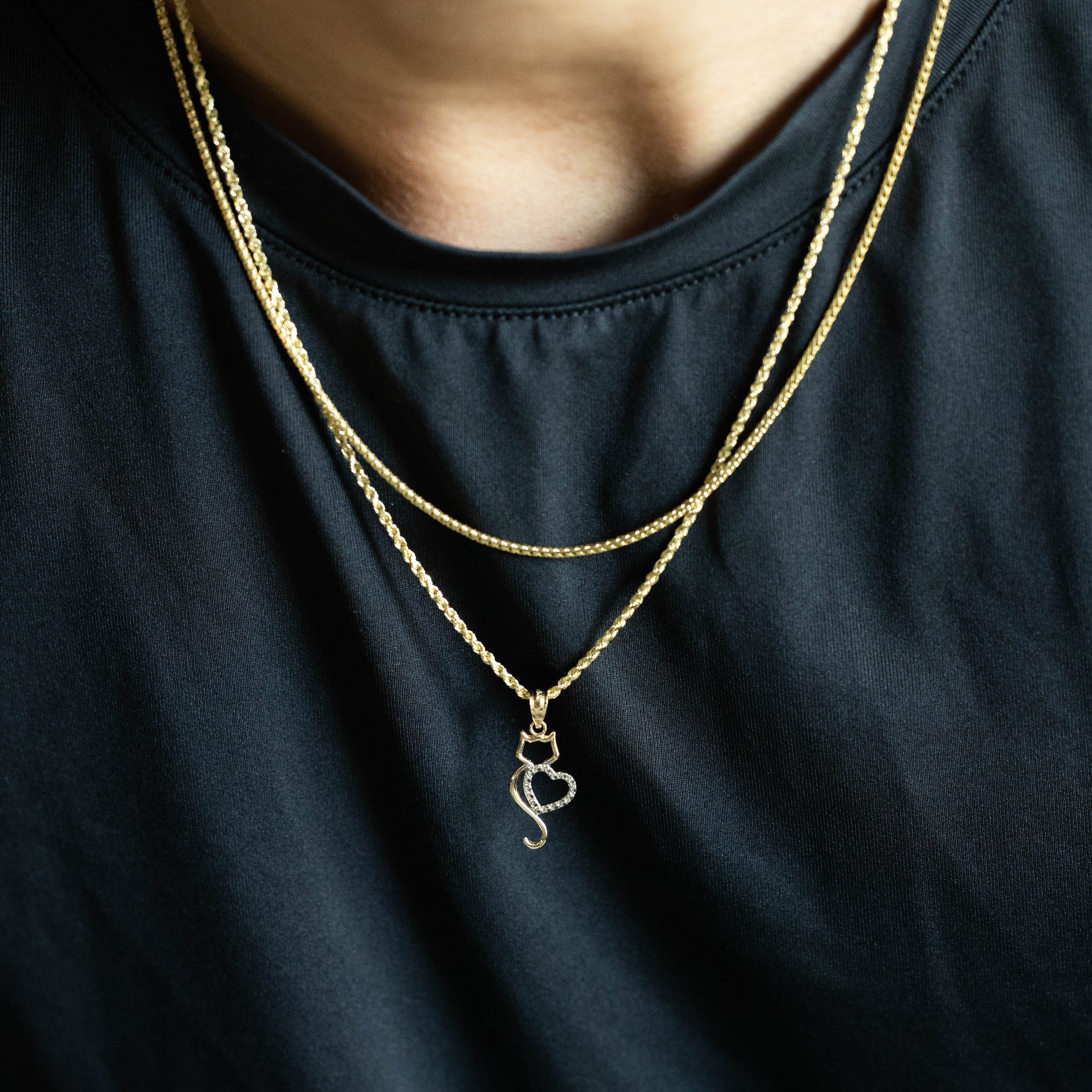 14K Gold Polished Cat with Heart Pendant