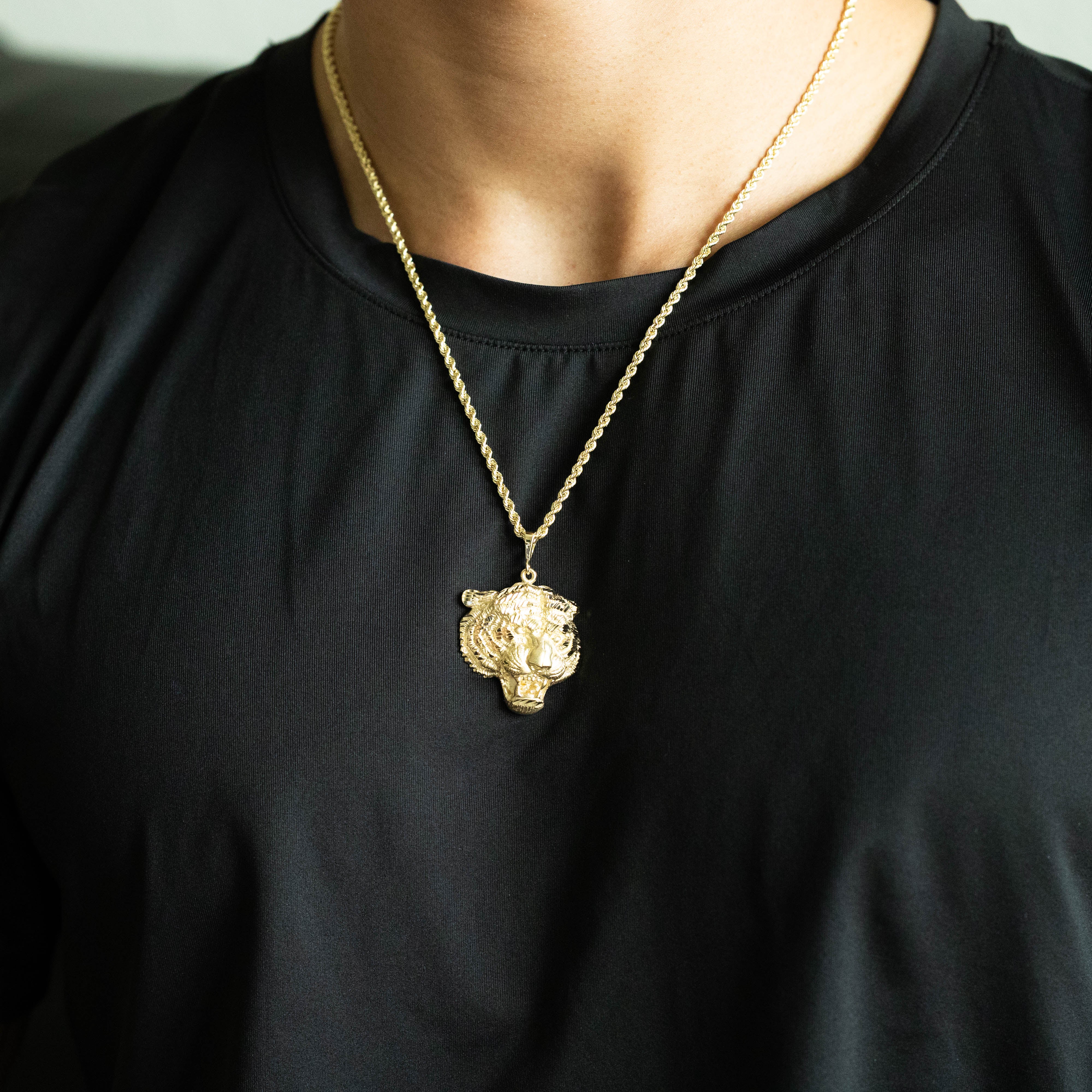 14K Gold Diamond-cut Extra Large Tiger Head Pendant - Model C1158