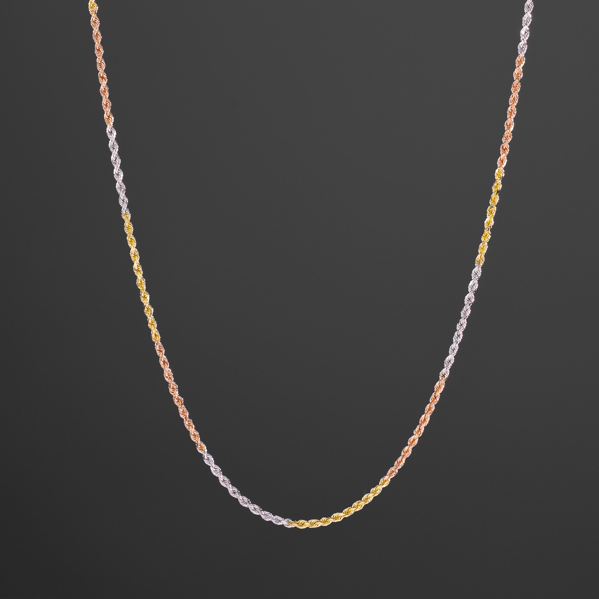 14k Gold 1.9mm Three-Tone Solid Diamond-Cut Rope Chain - Model CH-0391