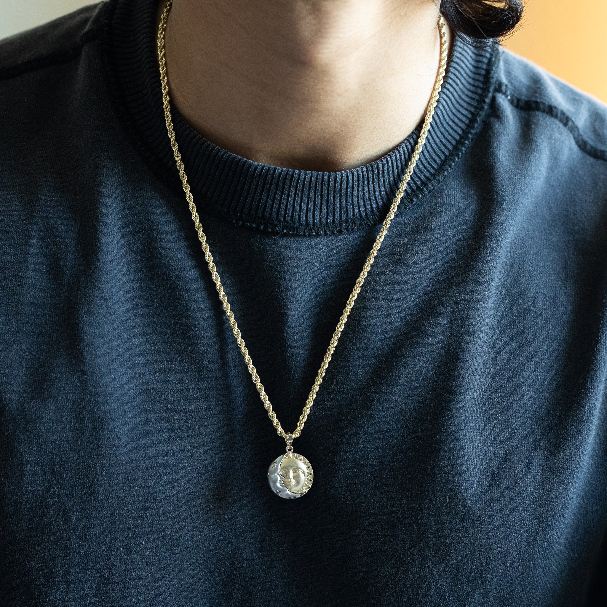 14K Gold Two-tone Celestial Sun and Moon Face Pendant - Model D8