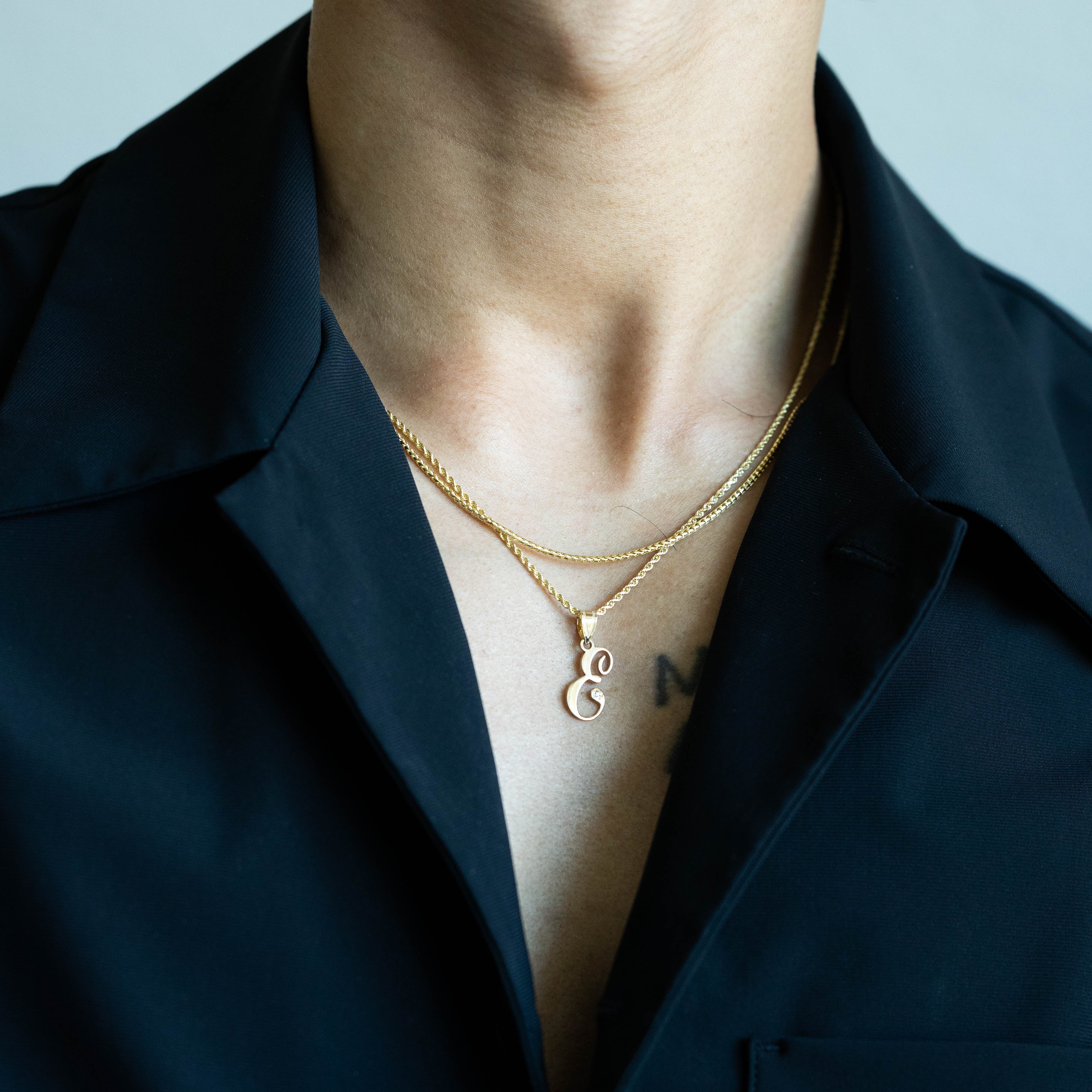 14K Gold Script Letter E Initial Pendant with Diamond - Model YC252E