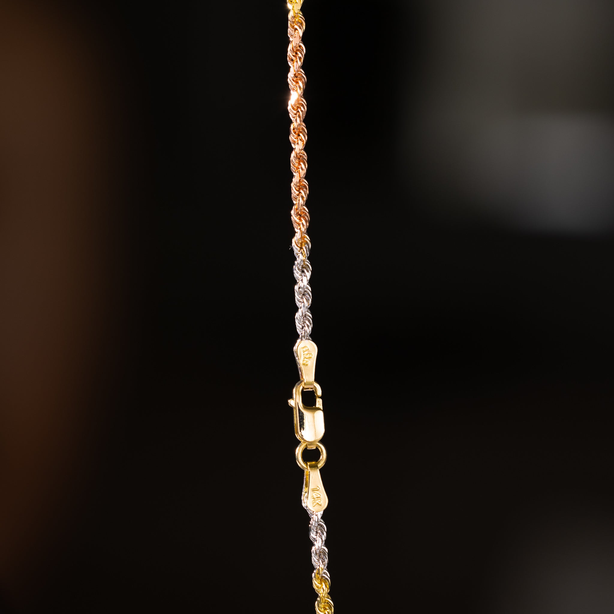 14k Gold 1.9mm Three-Tone Solid Diamond-Cut Rope Chain - Model CH-0391