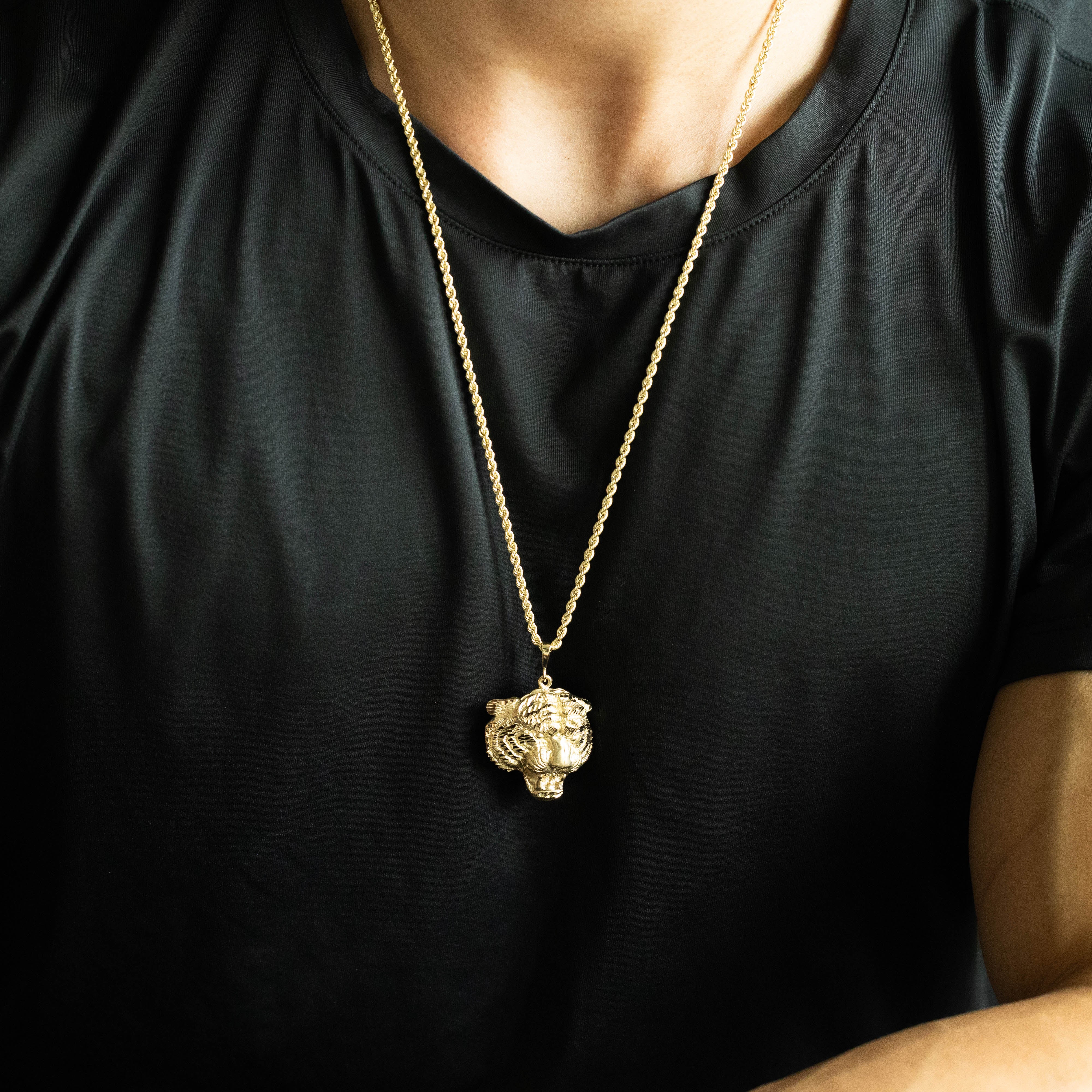 14K Gold Diamond-cut Extra Large Tiger Head Pendant - Model C1158