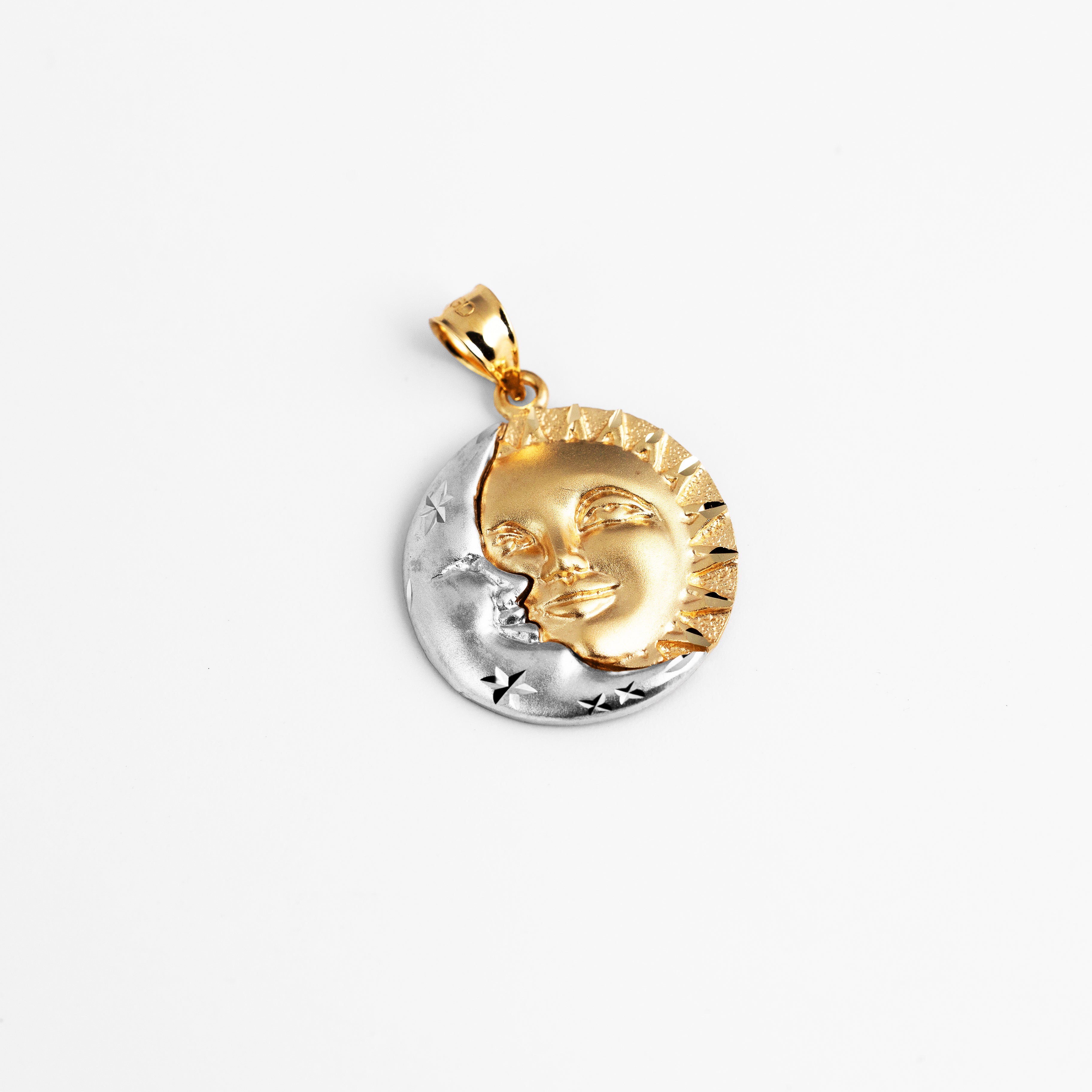 14K Gold Two-tone Celestial Sun and Moon Face Pendant - Model D8