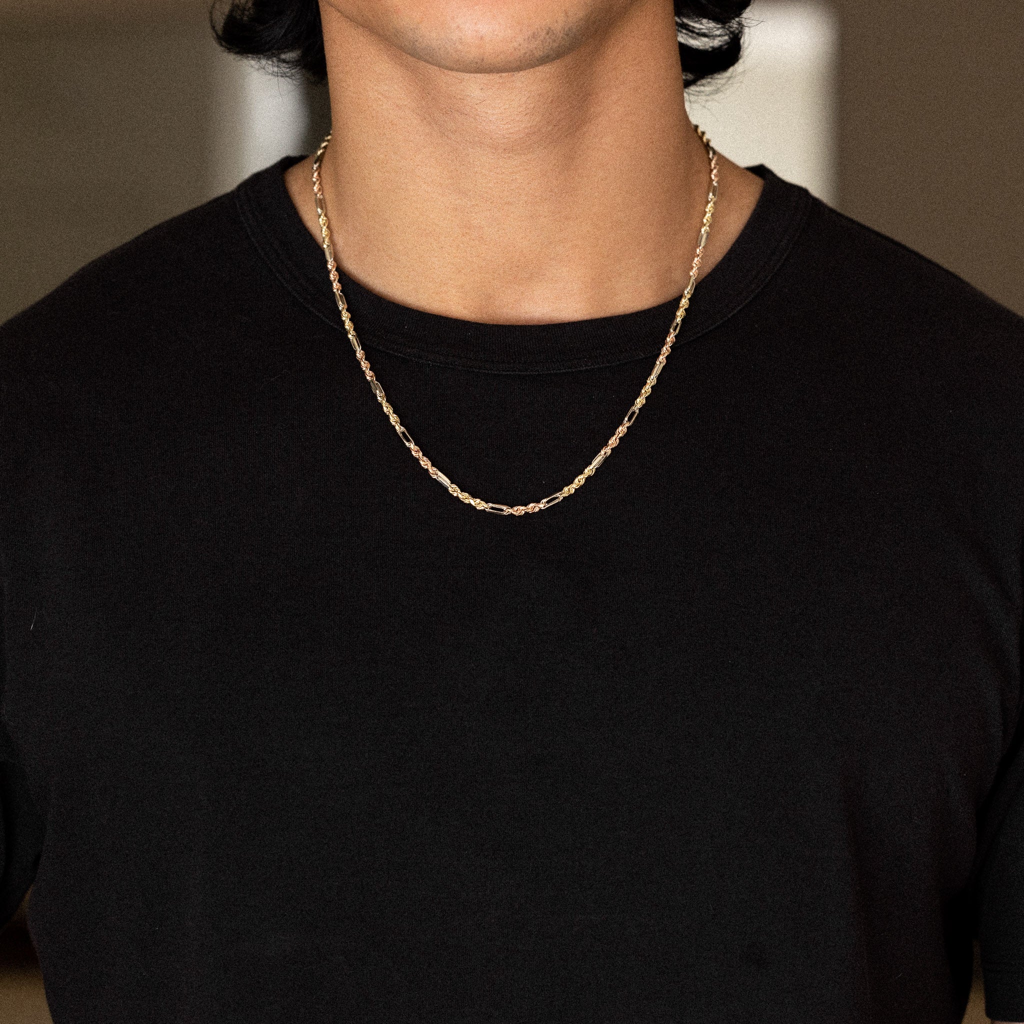14k Gold 3mm Tri-Color Hollow Figaro Rope Chain - Model CH-0606