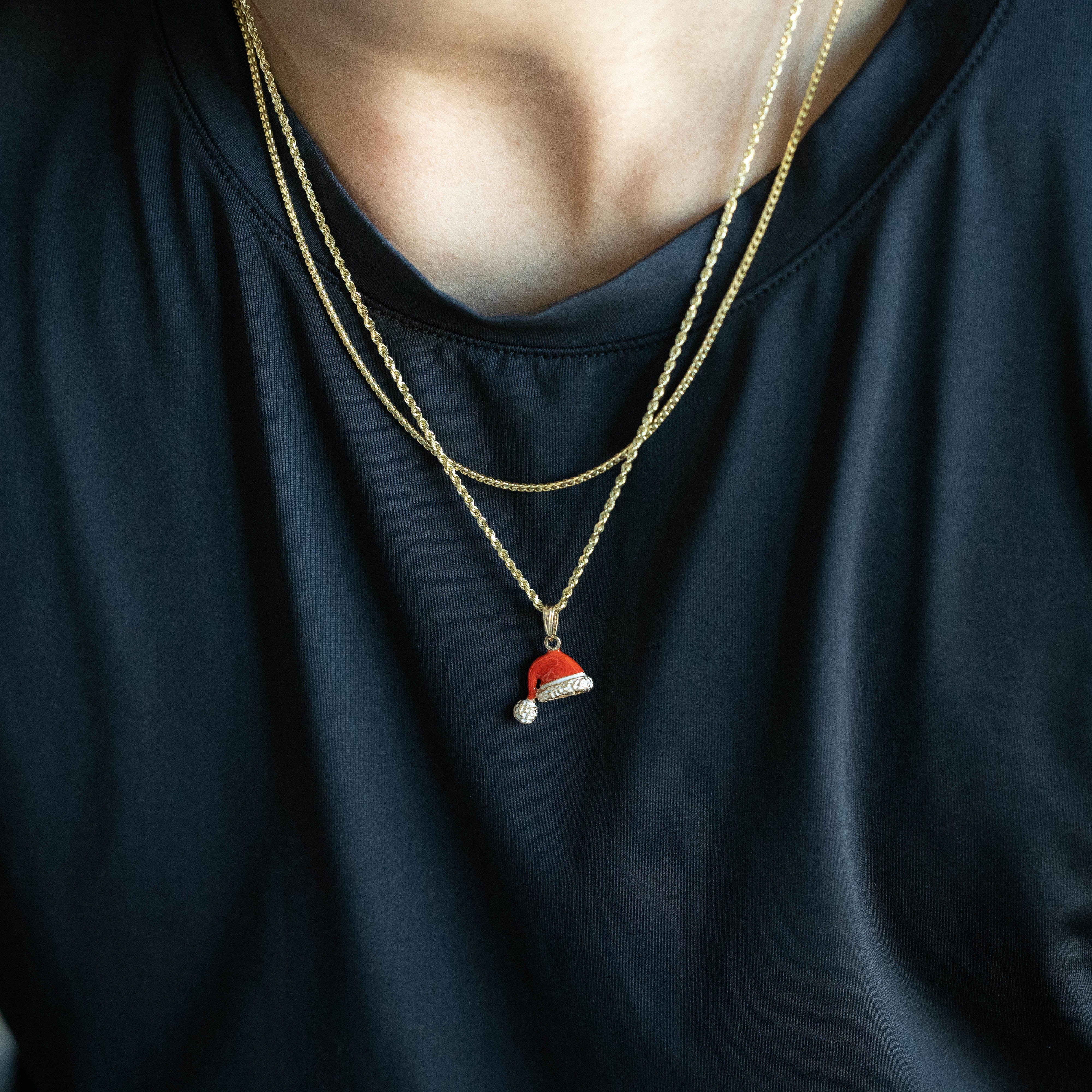 14K Gold 3D Santa Hat Pendant with Red and White Enamel