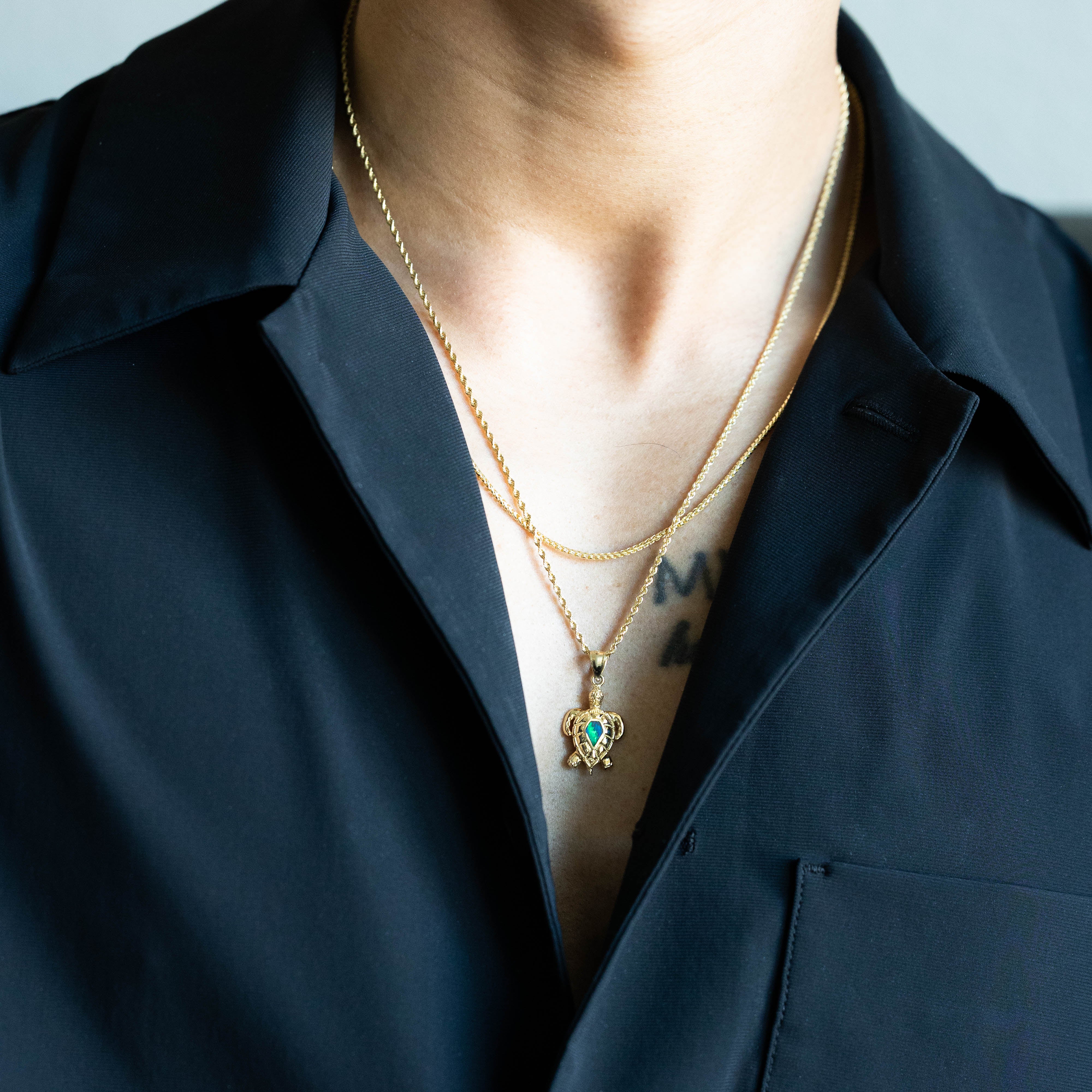 14K Gold Polished Turtle Pendant with Created Blue Opal Inlay - Charlie & Co. Jewelry